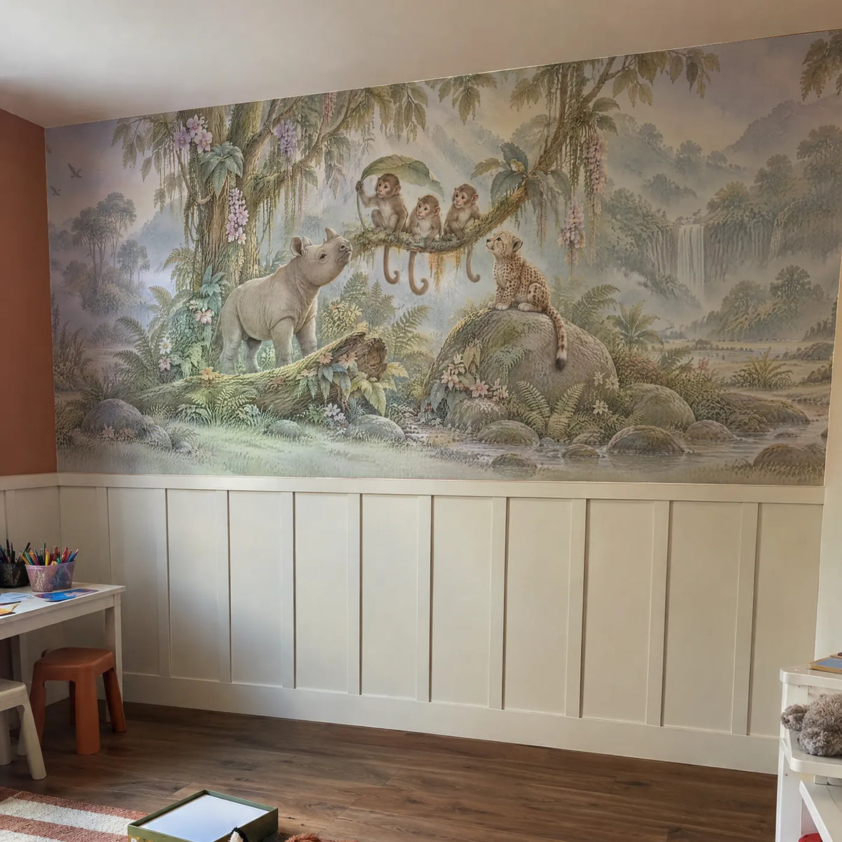 Storybook wainscoting wallpaper with monkeys, a rhino and cub, in a room photo, by Whimsy Tots