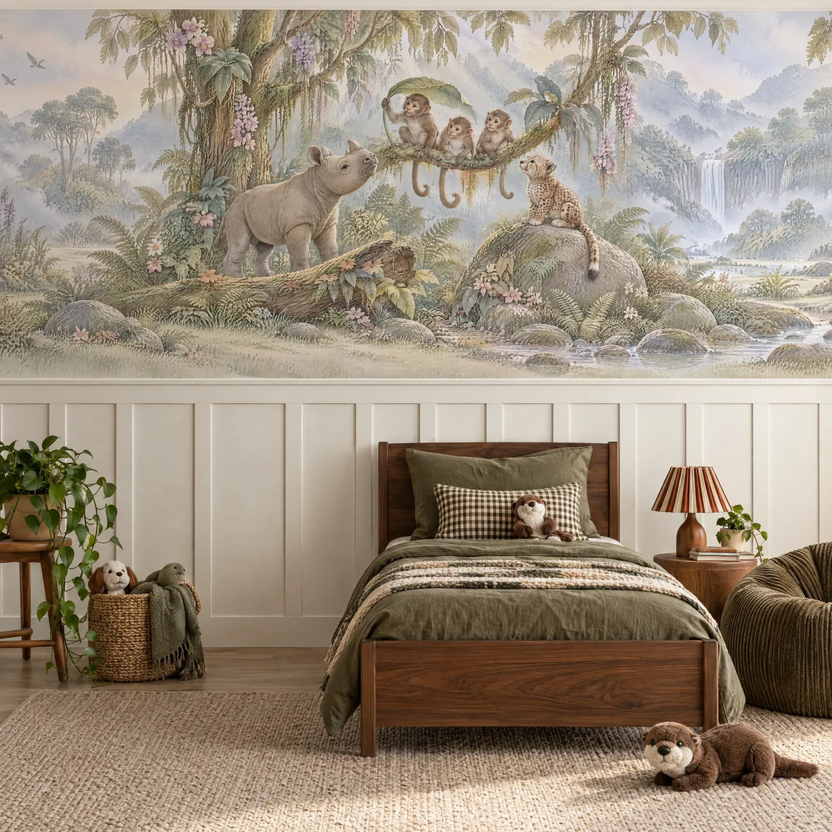 Storybook wainscoting wallpaper with monkeys, a rhino and cub, above the chair rail in a styled room, by Whimsy Tots