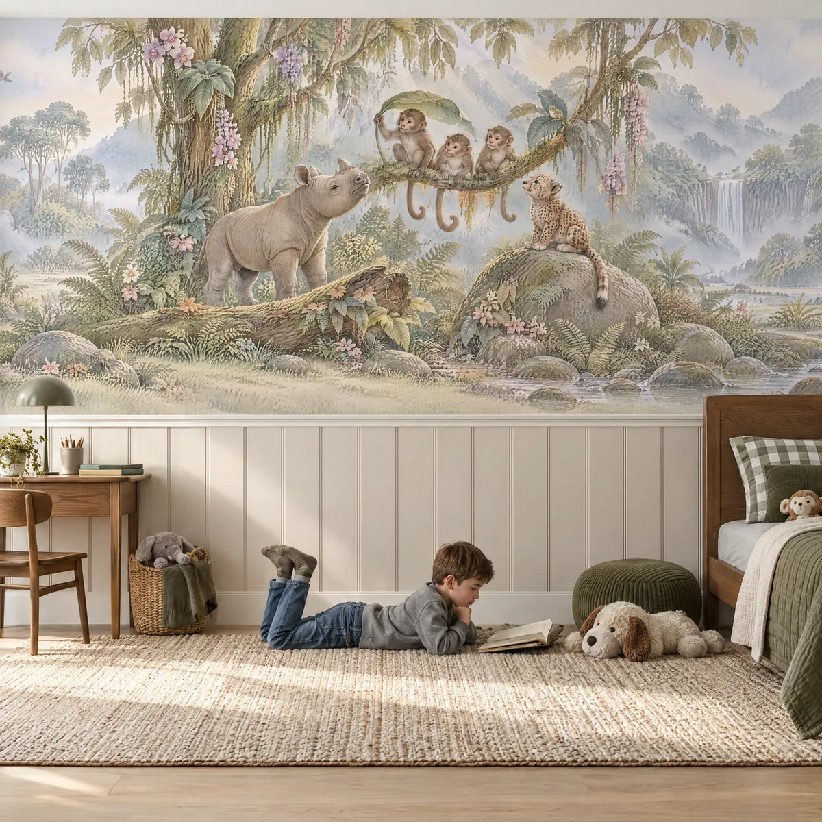 Storybook wainscoting wallpaper with monkeys, a rhino and cub, in a lifestyle room, by Whimsy Tots