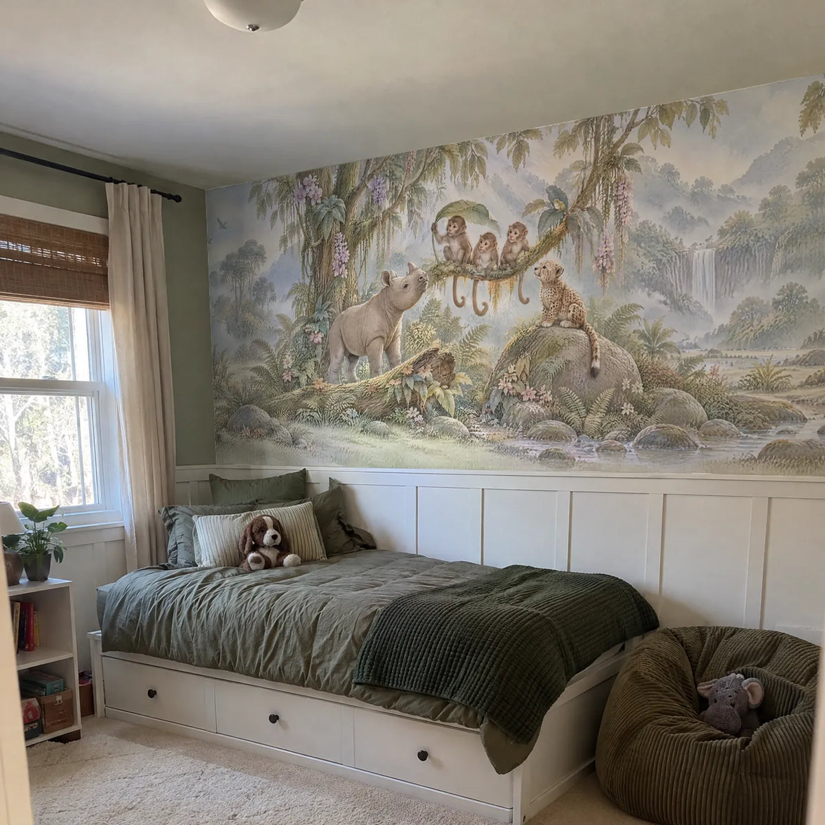 Storybook wainscoting wallpaper with monkeys, a rhino and cub, in a room photo, by Whimsy Tots