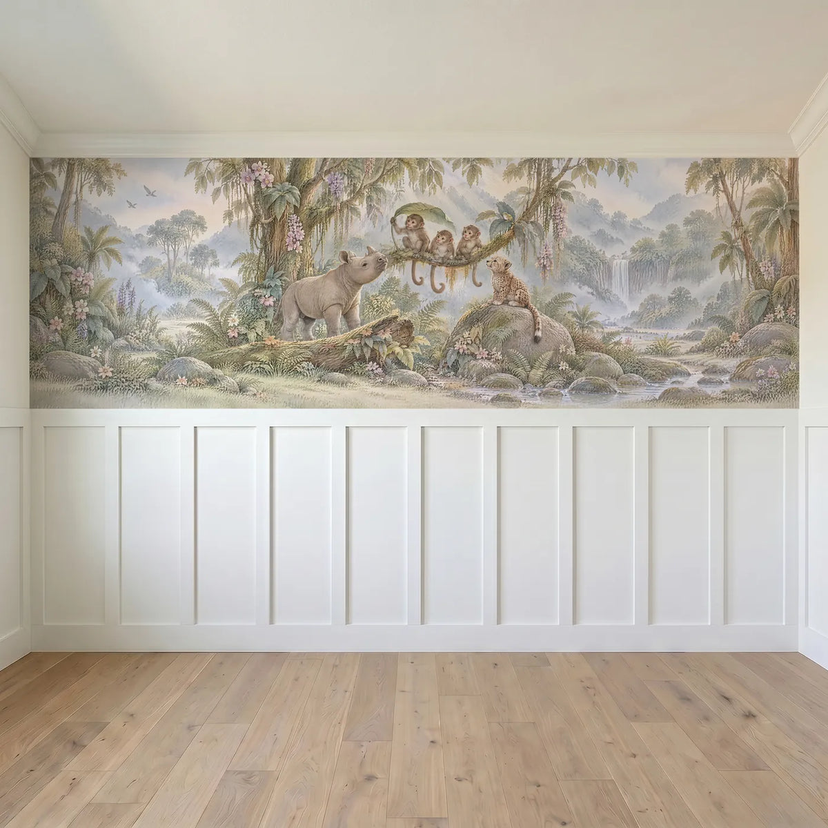 Storybook wainscoting wallpaper with monkeys, a rhino and cub, full band design, by Whimsy Tots
