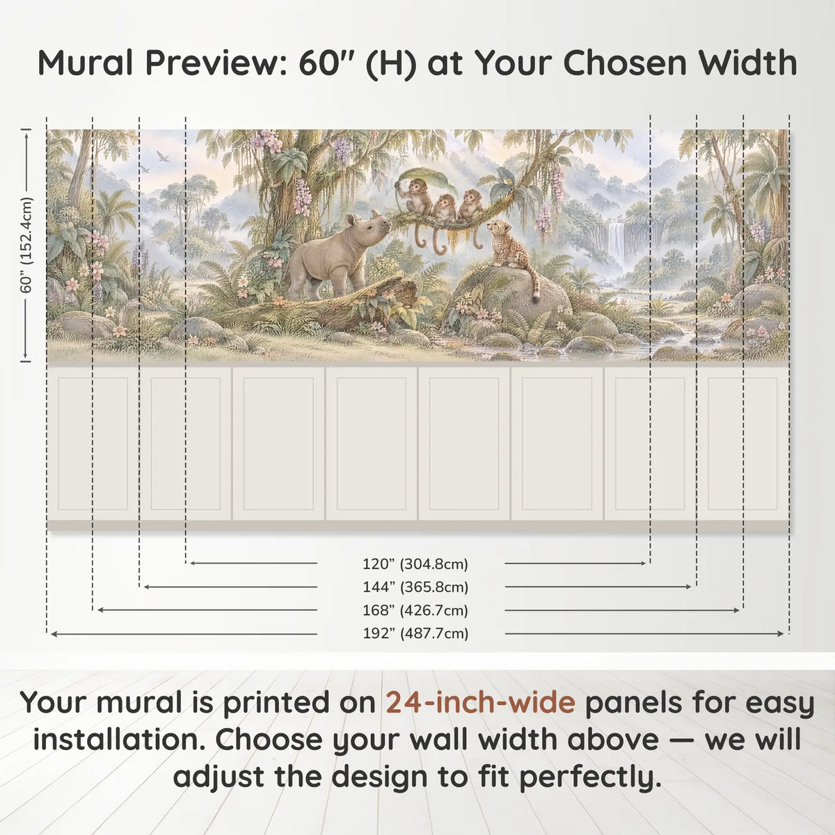 Storybook wainscoting wallpaper with monkeys, a rhino and cub, band height and width, by Whimsy Tots