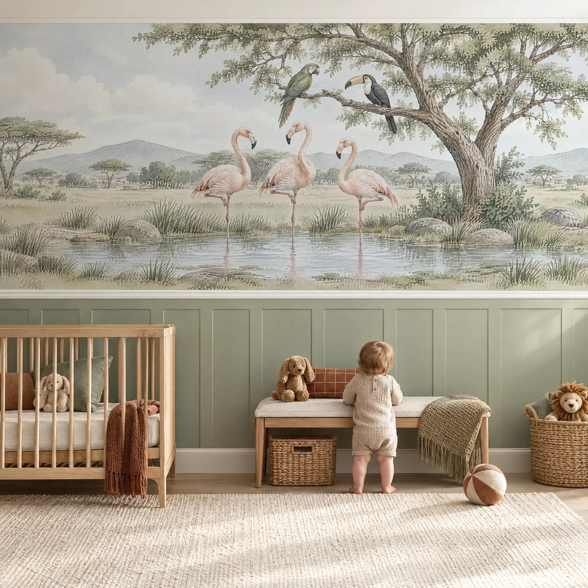 Watercolor flamingo wainscoting wallpaper with a parrot and toucan, in a lifestyle room, by Whimsy Tots