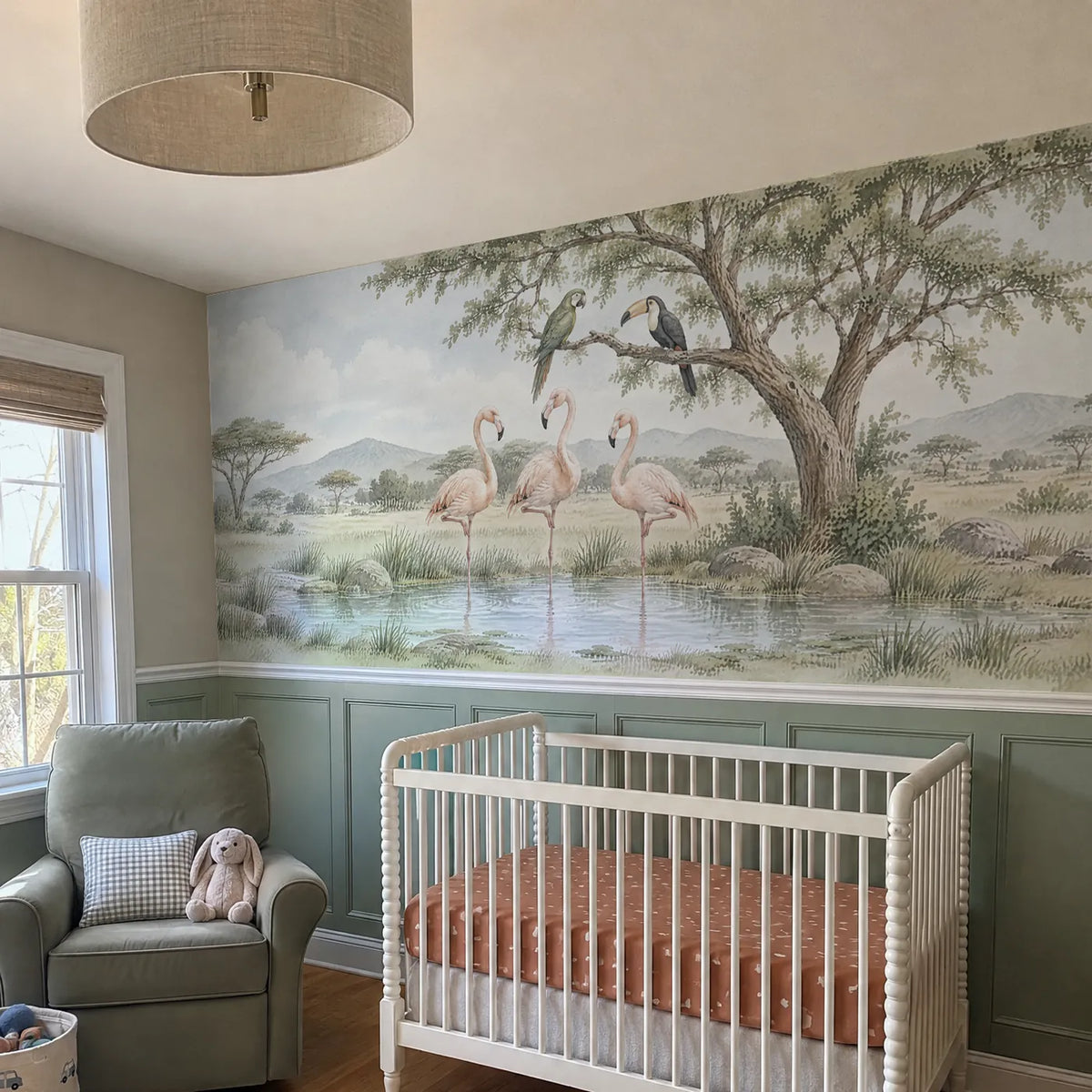 Watercolor flamingo wainscoting wallpaper with a parrot and toucan, in a room photo, by Whimsy Tots