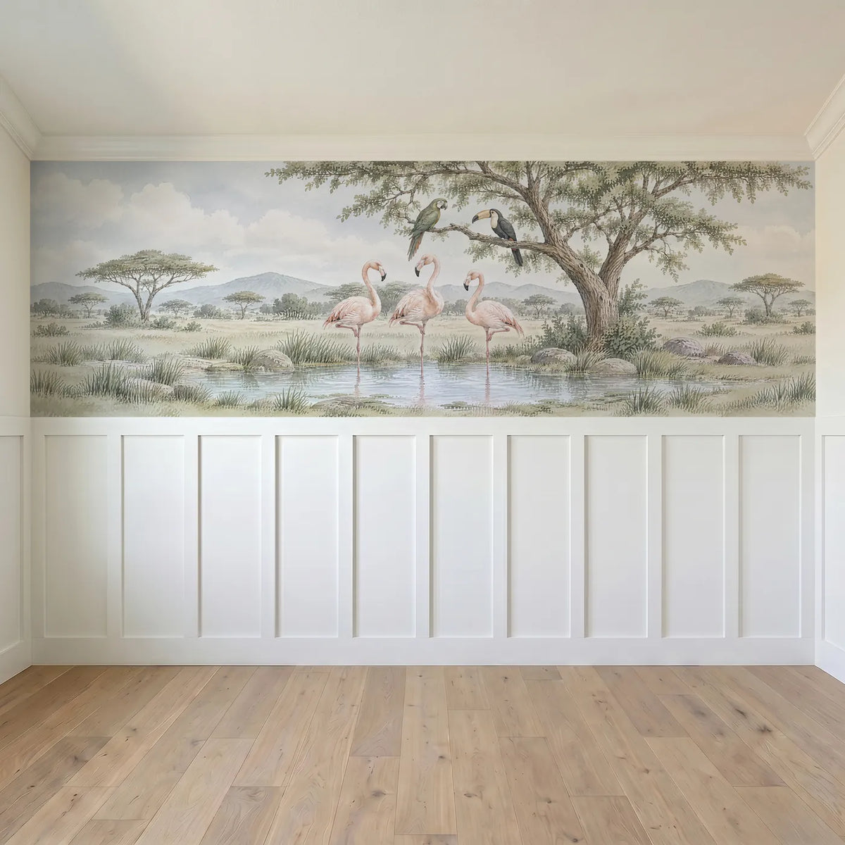 Watercolor flamingo wainscoting wallpaper with a parrot and toucan, full band design, by Whimsy Tots