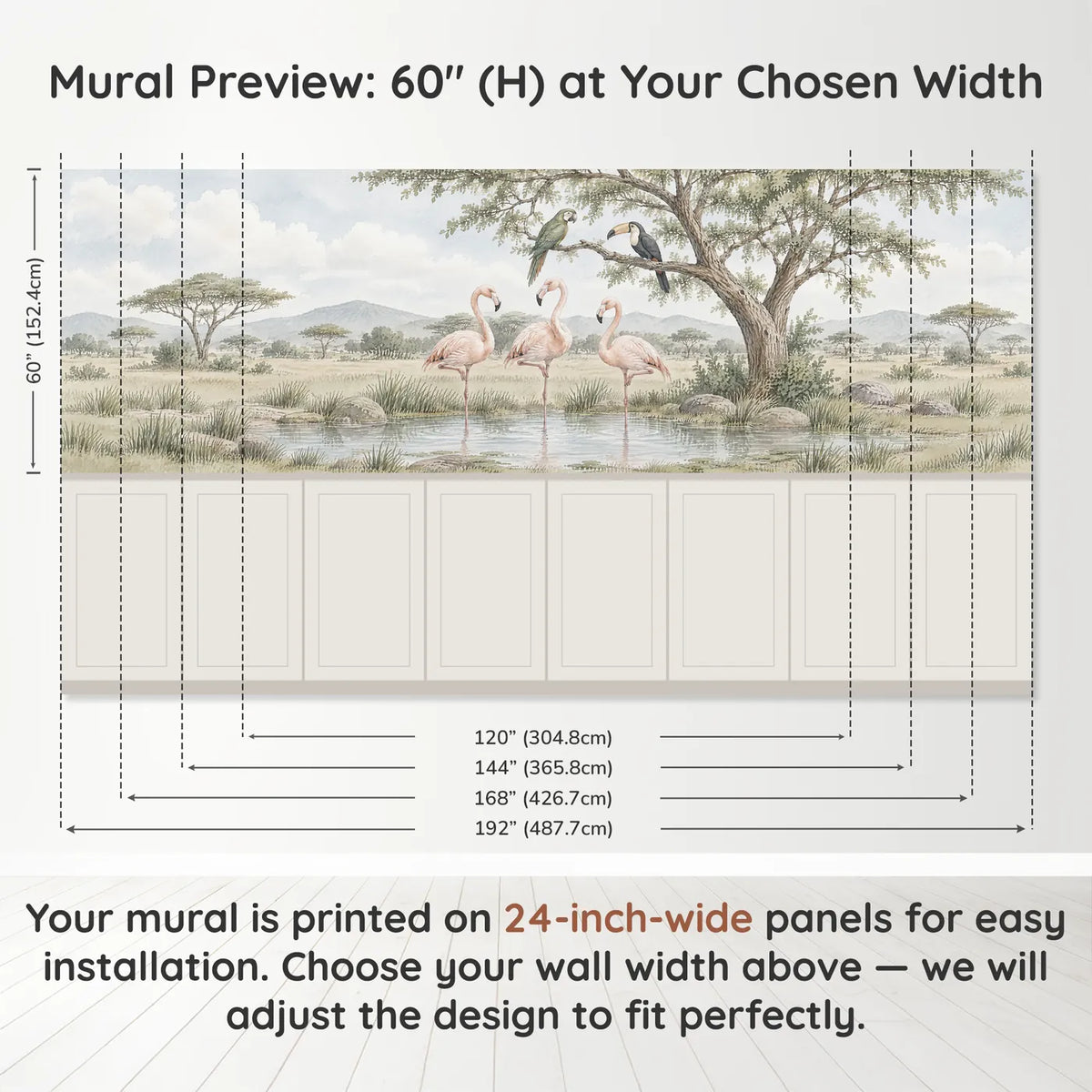 Watercolor flamingo wainscoting wallpaper with a parrot and toucan, band height and width, by Whimsy Tots