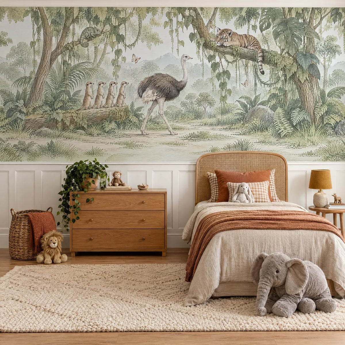 Watercolor jungle wainscoting wallpaper with an ostrich and meerkats, above the chair rail in a styled room, by Whimsy Tots