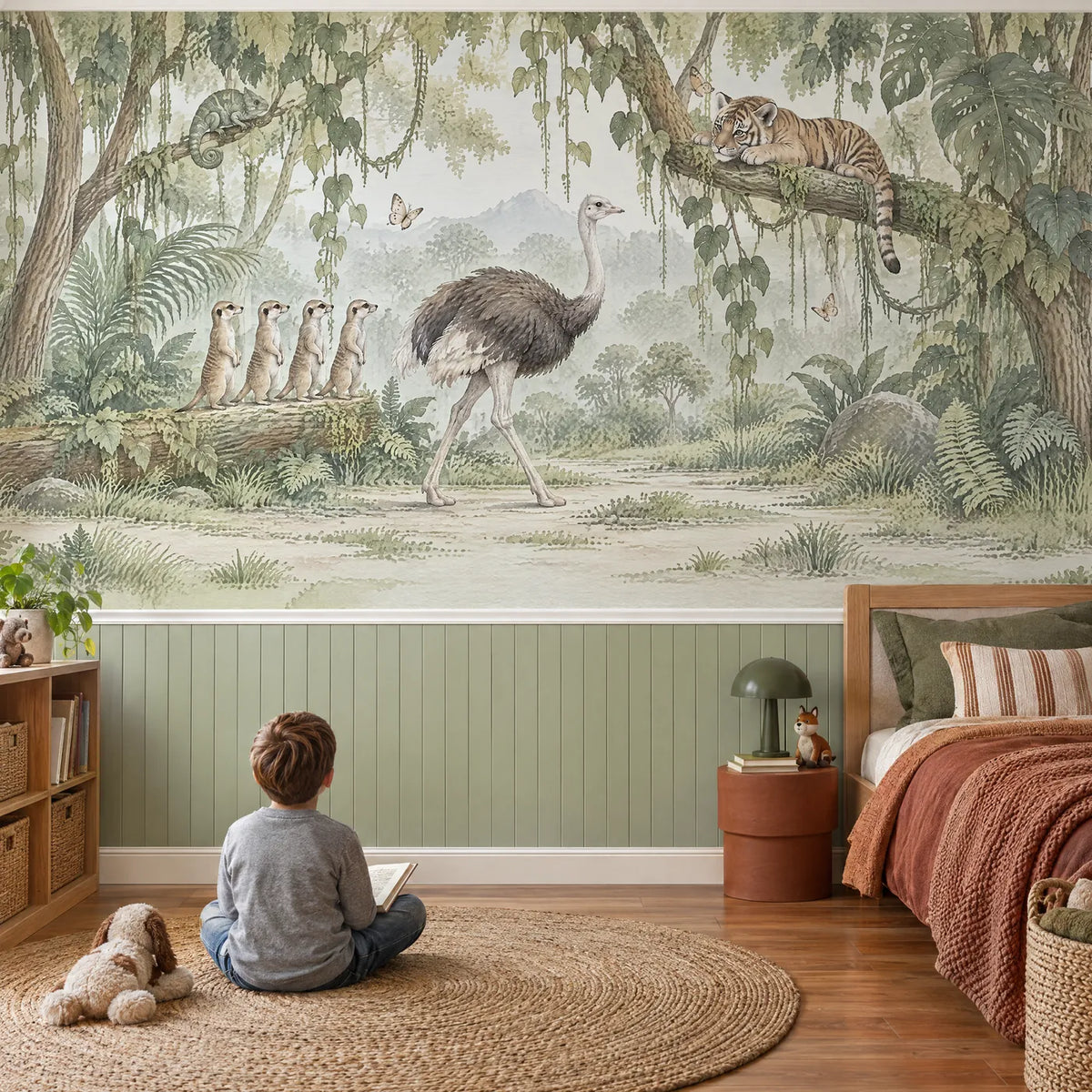 Watercolor jungle wainscoting wallpaper with an ostrich and meerkats, in a lifestyle room, by Whimsy Tots