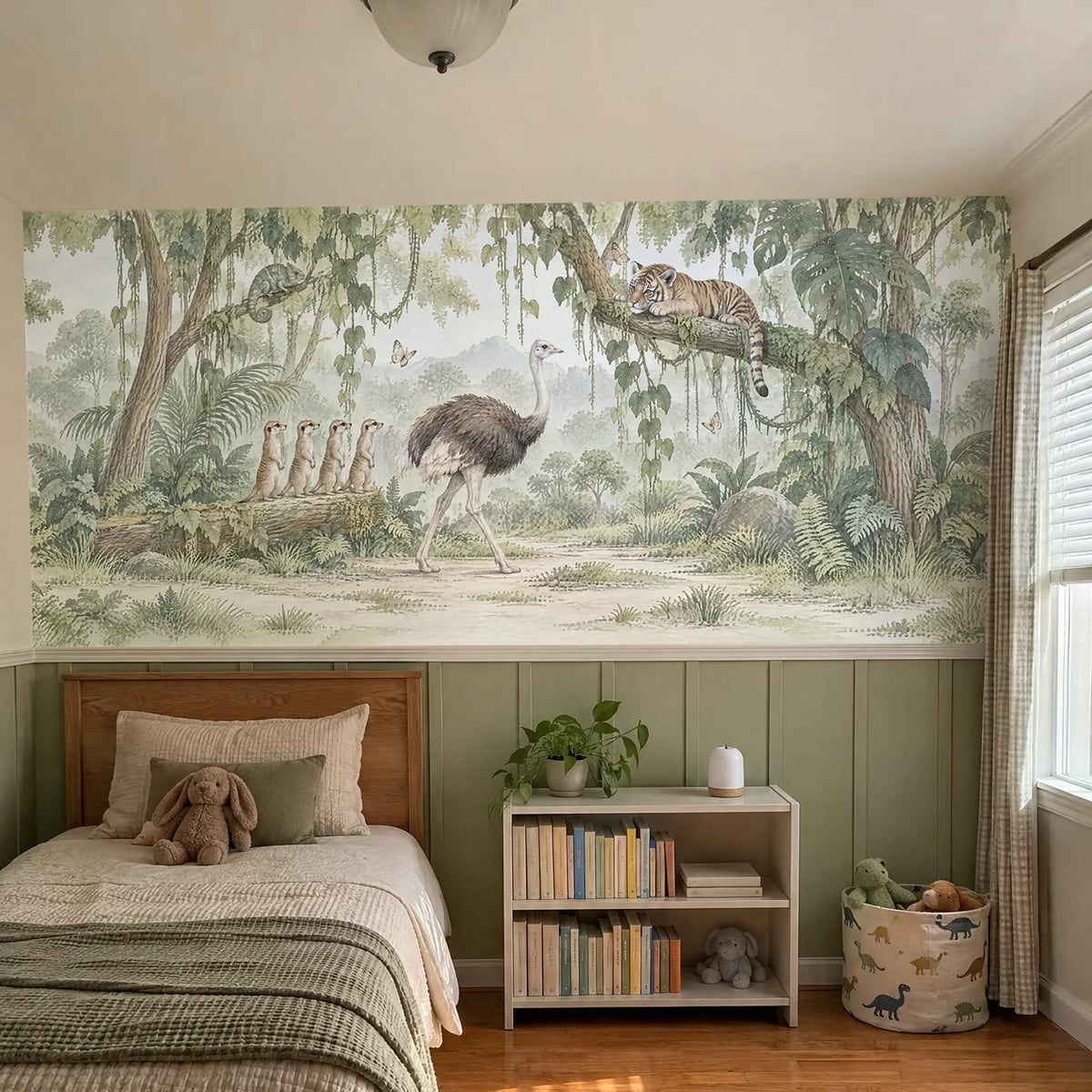 Watercolor jungle wainscoting wallpaper with an ostrich and meerkats, in a room photo, by Whimsy Tots