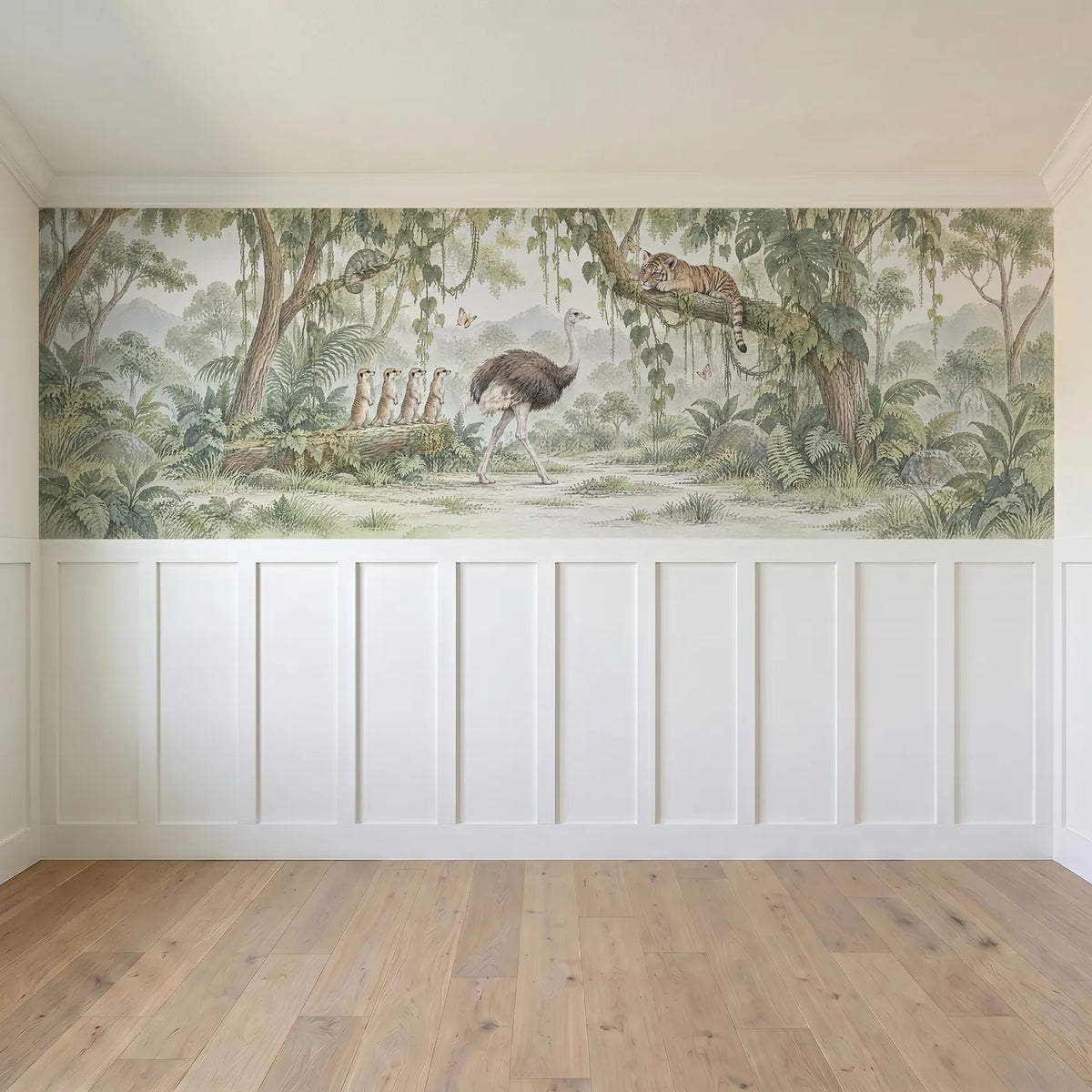 Watercolor jungle wainscoting wallpaper with an ostrich and meerkats, full band design, by Whimsy Tots