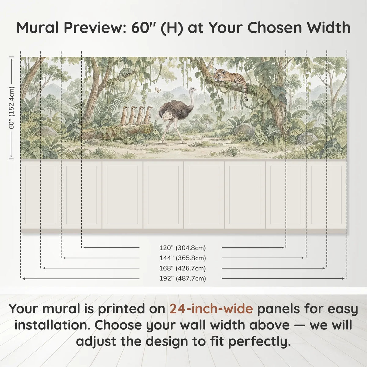 Watercolor jungle wainscoting wallpaper with an ostrich and meerkats, band height and width, by Whimsy Tots
