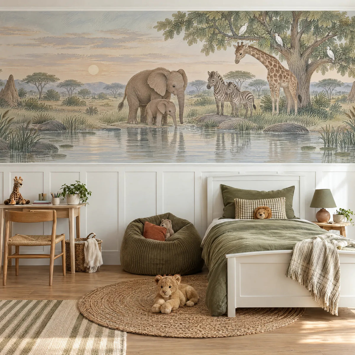 Gouache safari wainscoting wallpaper with elephants and zebras, above the chair rail in a styled room, by Whimsy Tots