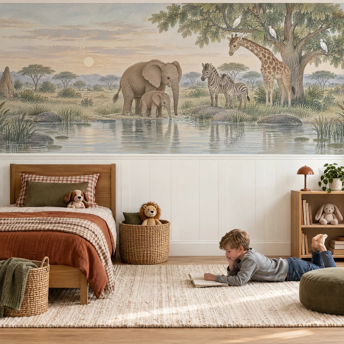 Gouache safari wainscoting wallpaper with elephants and zebras, in a lifestyle room, by Whimsy Tots