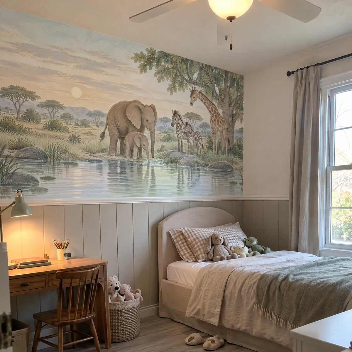 Gouache safari wainscoting wallpaper with elephants and zebras, in a room photo, by Whimsy Tots