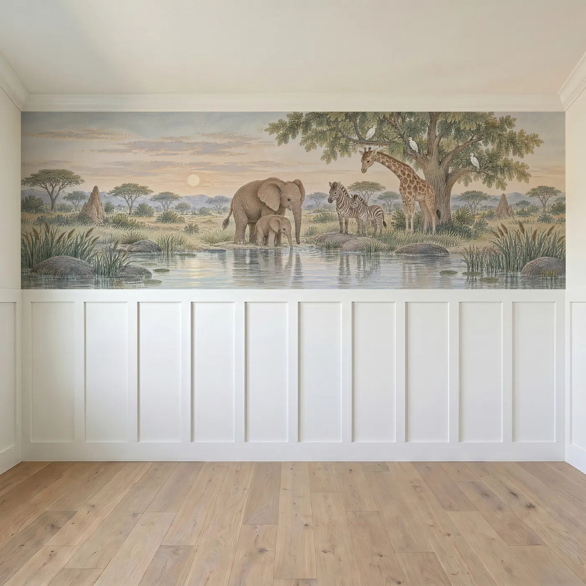 Gouache safari wainscoting wallpaper with elephants and zebras, full band design, by Whimsy Tots