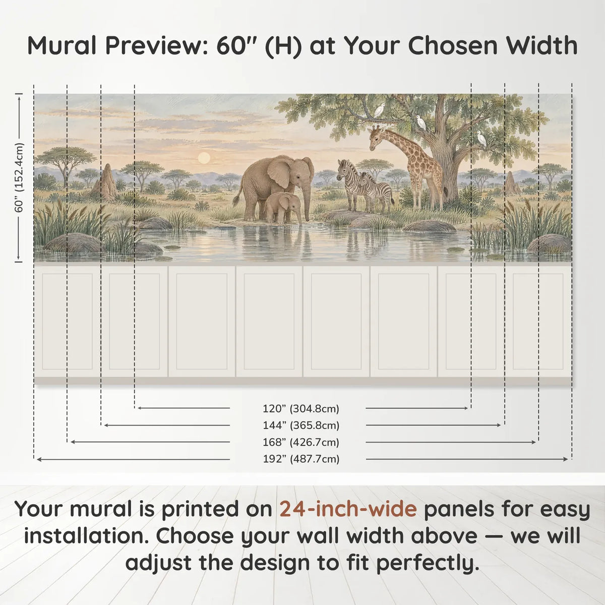 Gouache safari wainscoting wallpaper with elephants and zebras, band height and width, by Whimsy Tots