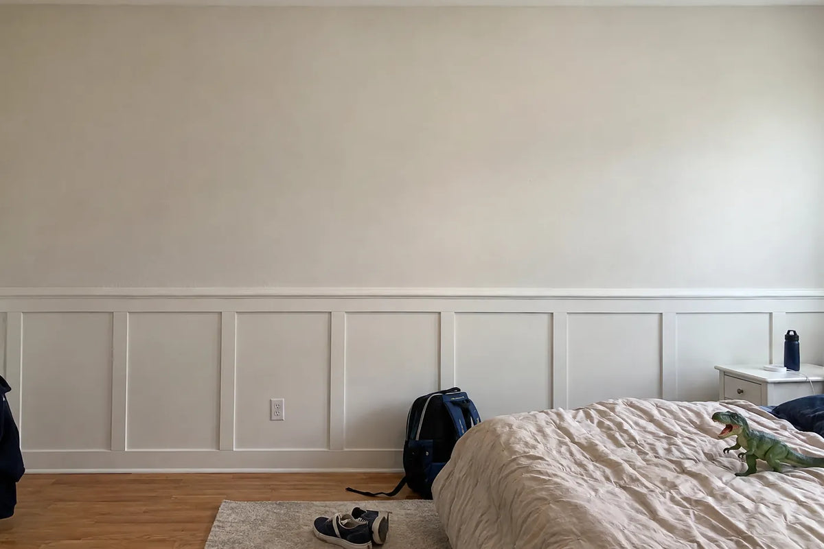 Gouache safari wainscoting wallpaper with elephants and zebras, the same room before, by Whimsy Tots