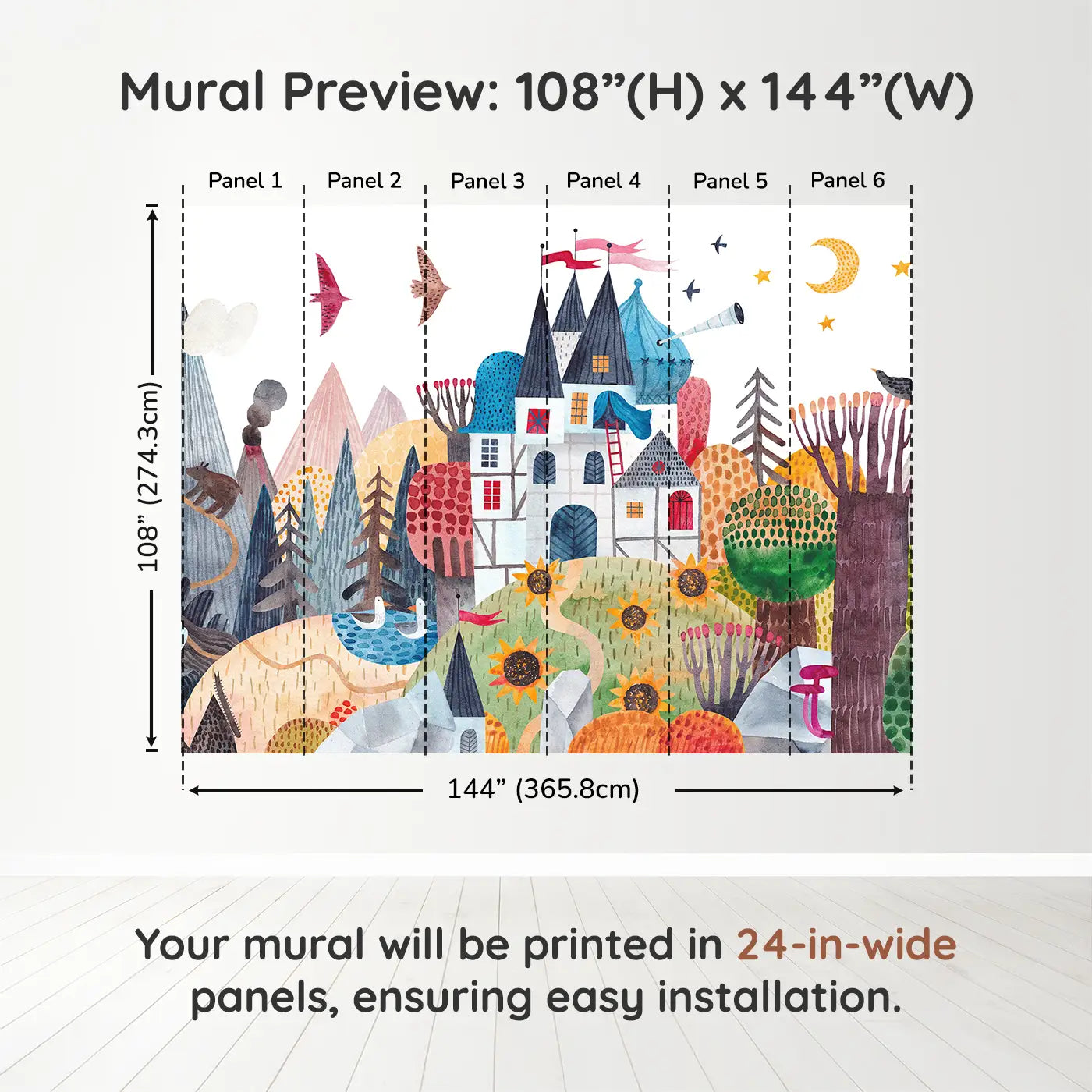 Whimsy Tots Enchanted Castle Adventure Wall Muraldimension view (108" H x 144" W). Printed in six 24-inch-wide panels. Colorful mountains, secret castles, and hidden creatures await brave explorers.