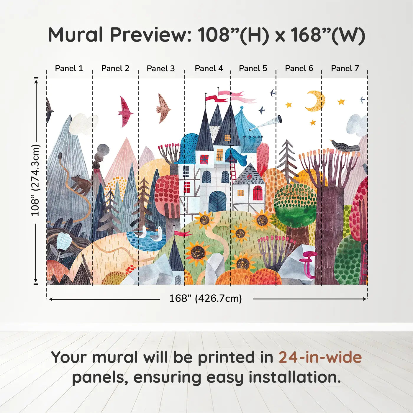 Whimsy Tots Enchanted Castle Adventure Wall Muraldimension view (108" H x 168" W). Printed in seven 24-inch-wide panels. Colorful mountains, secret castles, and hidden creatures await brave explorers.