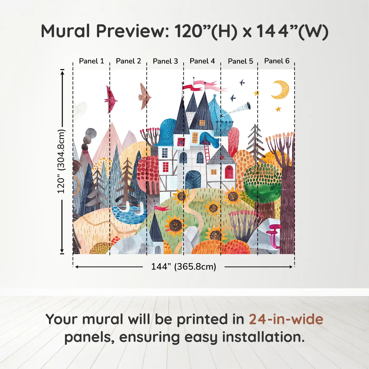 Whimsy Tots Enchanted Castle Adventure Wall Muraldimension view (120" H x 144" W). Printed in six 24-inch-wide panels. Colorful mountains, secret castles, and hidden creatures await brave explorers.