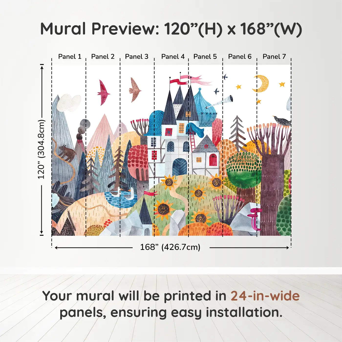 Whimsy Tots Enchanted Castle Adventure Wall Muraldimension view (120" H x 168" W). Printed in seven 24-inch-wide panels. Colorful mountains, secret castles, and hidden creatures await brave explorers.