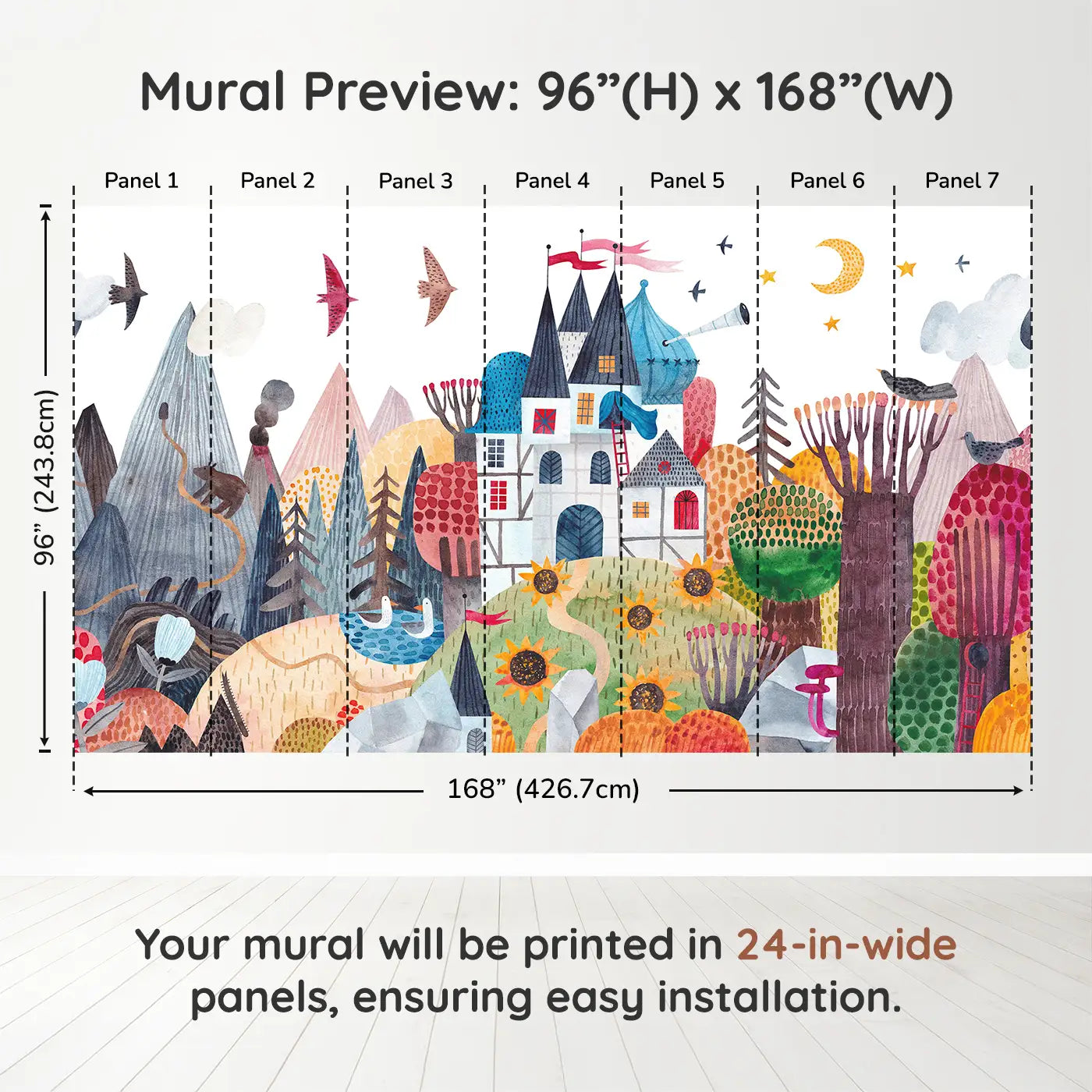 Whimsy Tots Enchanted Castle Adventure Wall Muraldimension view (96" H x 168" W). Printed in seven 24-inch-wide panels. Colorful mountains, secret castles, and hidden creatures await brave explorers.