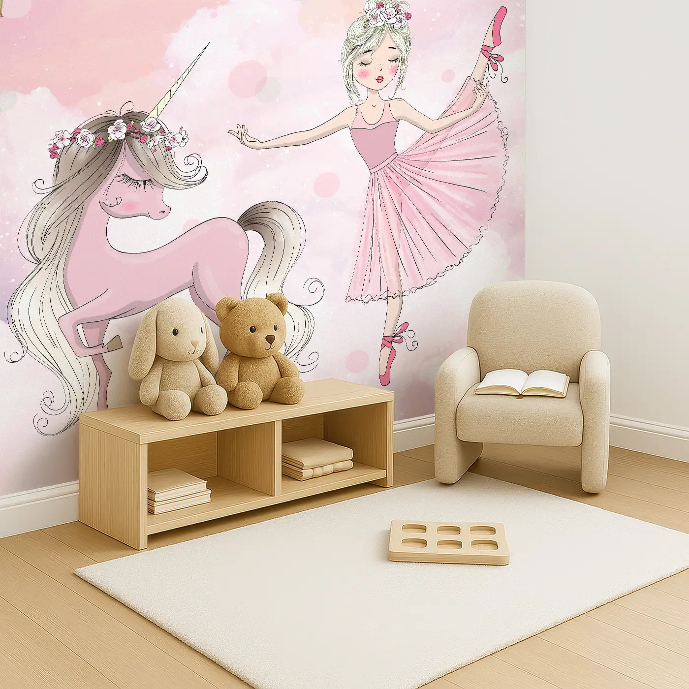 Angled view of Whimsy Tots' Ballerina Unicorn Dream Wall Mural (M0119).Twirl into a dreamy world where unicorns and ballerinas dance together.