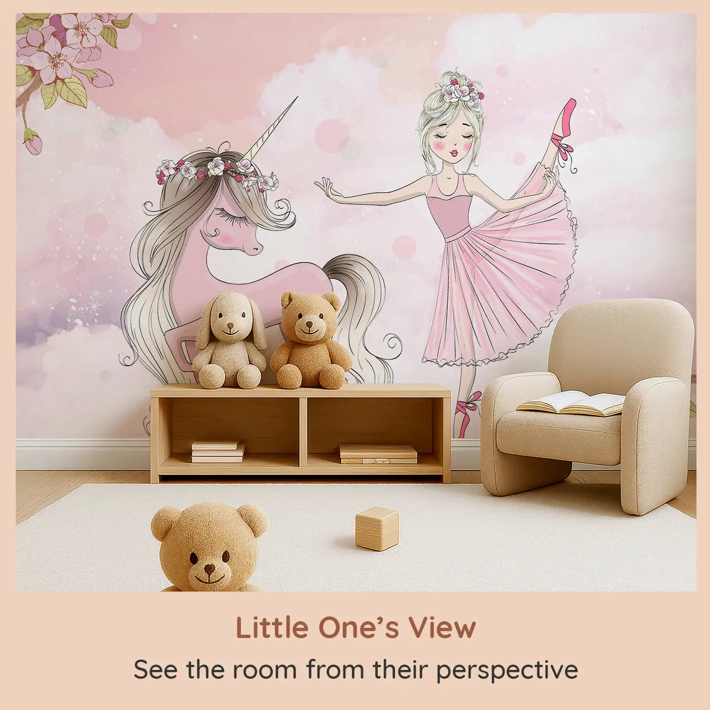 Whimsy Tots Ballerina Unicorn Dream Wall Mural (M0119) from your child's view.Twirl into a dreamy world where unicorns and ballerinas dance together.