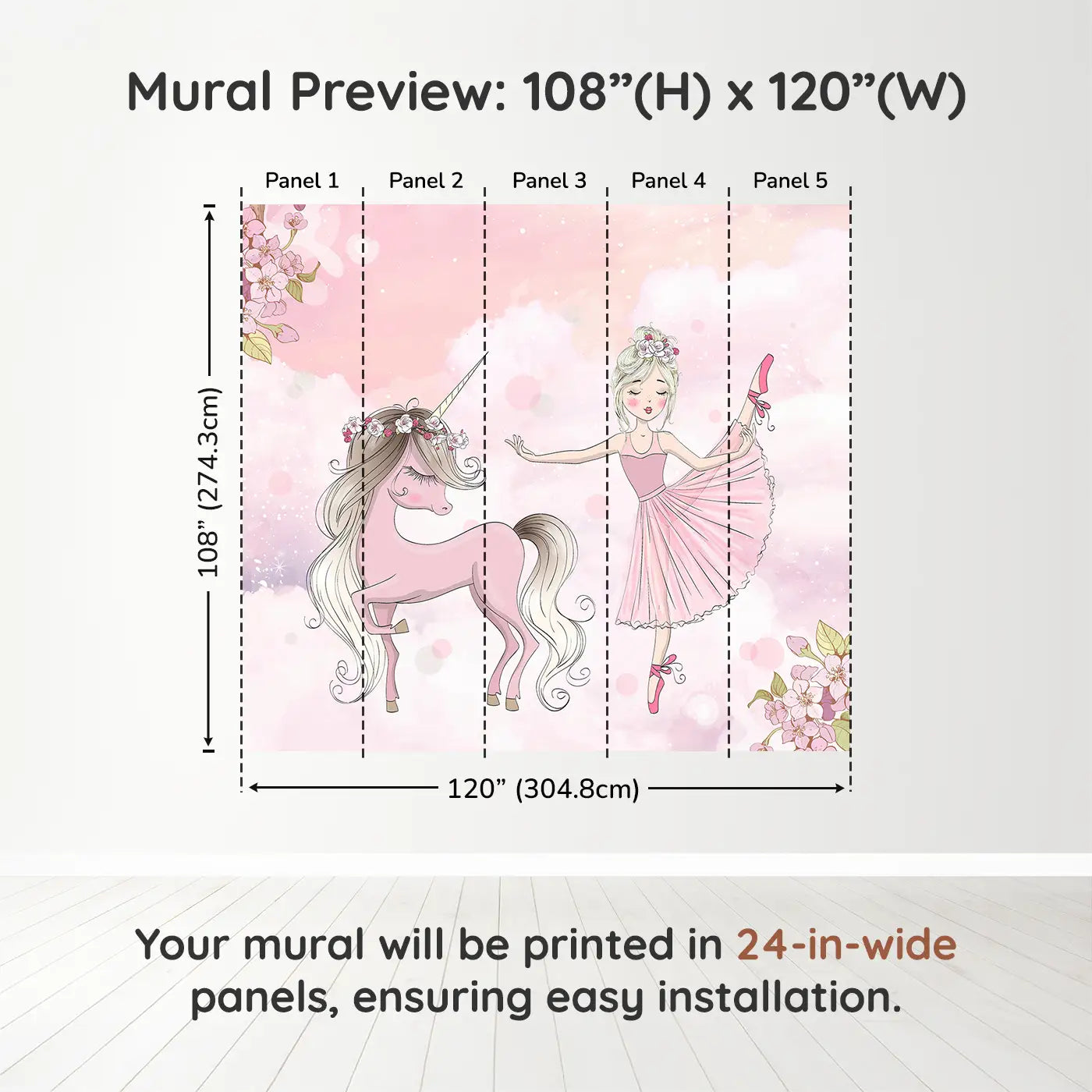 Whimsy Tots Ballerina Unicorn Dream Wall Muraldimension view (108" H x 120" W). Printed in five 24-inch-wide panels. Twirl into a dreamy world where unicorns and ballerinas dance together.