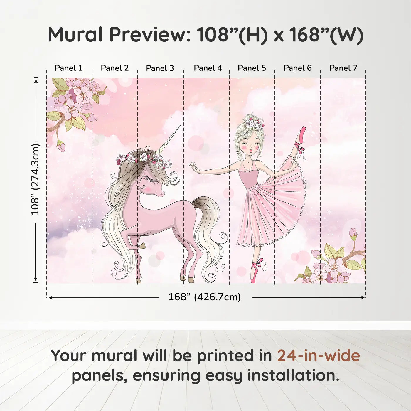 Whimsy Tots Ballerina Unicorn Dream Wall Muraldimension view (108" H x 168" W). Printed in seven 24-inch-wide panels. Twirl into a dreamy world where unicorns and ballerinas dance together.
