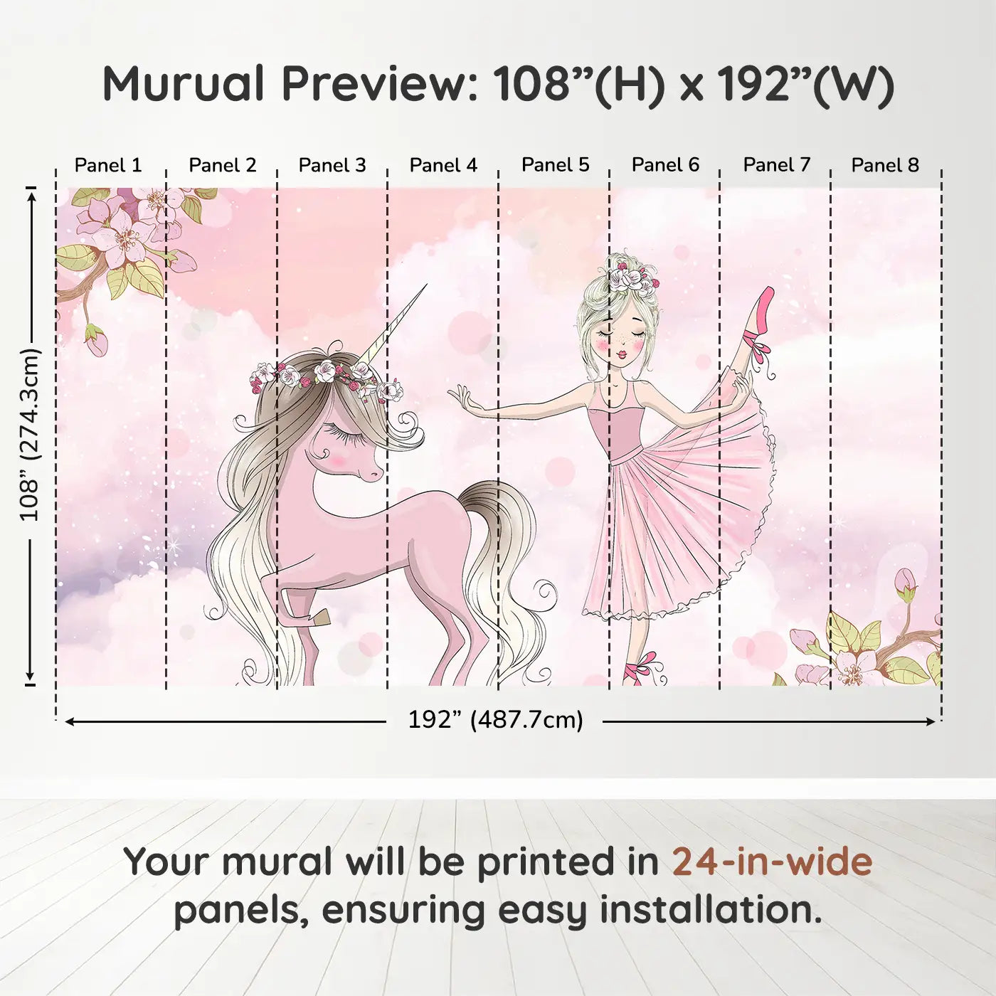 Whimsy Tots Ballerina Unicorn Dream Wall Muraldimension view (108" H x 192" W). Printed in eight 24-inch-wide panels. Twirl into a dreamy world where unicorns and ballerinas dance together.