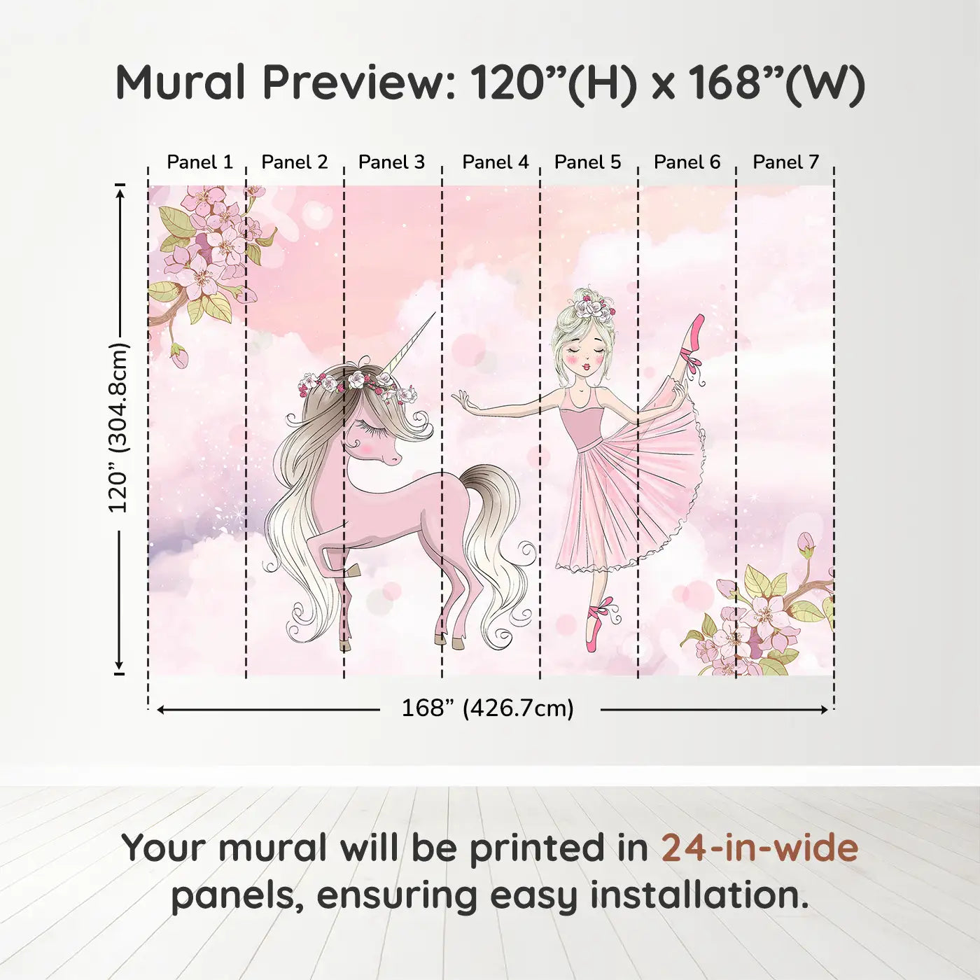 Whimsy Tots Ballerina Unicorn Dream Wall Muraldimension view (120" H x 168" W). Printed in seven 24-inch-wide panels. Twirl into a dreamy world where unicorns and ballerinas dance together.