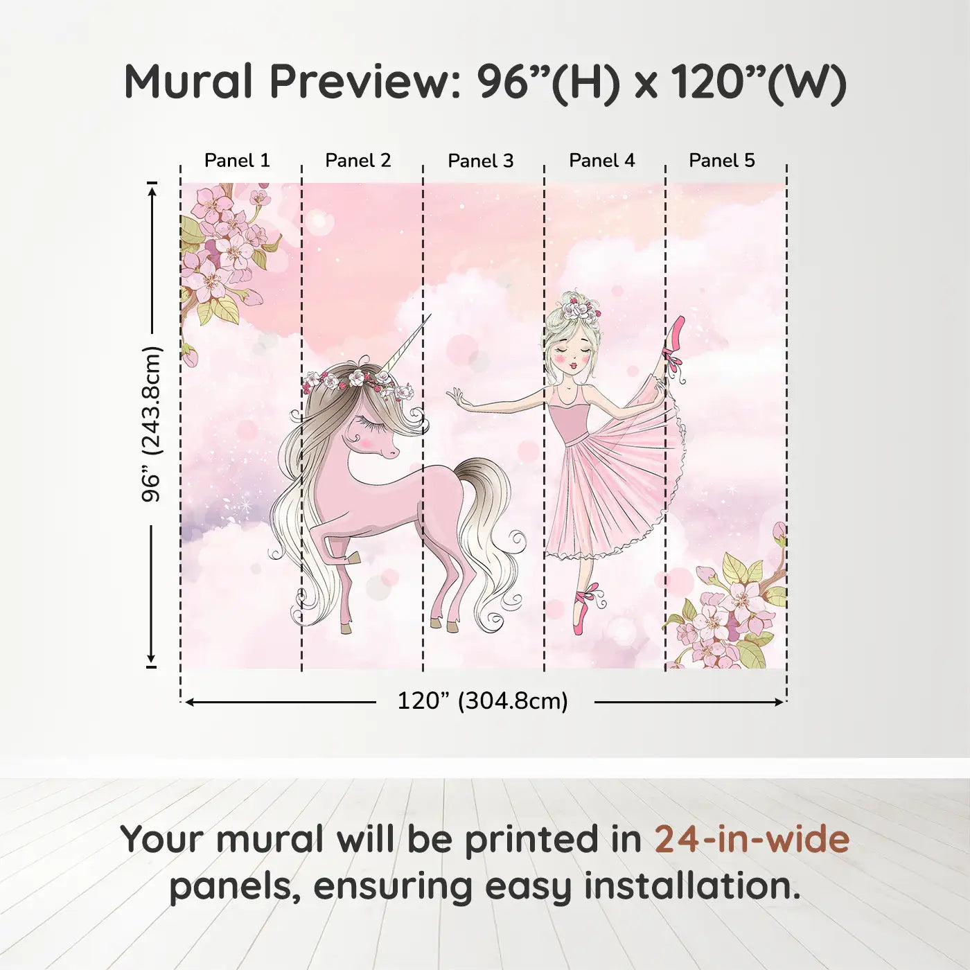 Whimsy Tots Ballerina Unicorn Dream Wall Muraldimension view (96" H x 120" W). Printed in five 24-inch-wide panels. Twirl into a dreamy world where unicorns and ballerinas dance together.