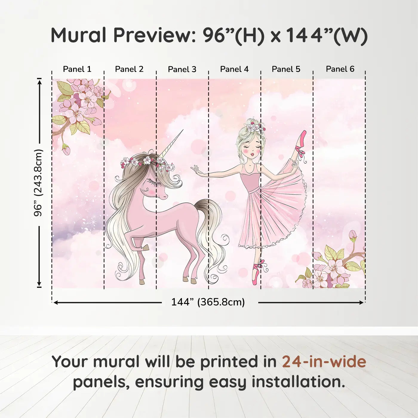 Whimsy Tots Ballerina Unicorn Dream Wall Muraldimension view (96" H x 144" W). Printed in six 24-inch-wide panels. Twirl into a dreamy world where unicorns and ballerinas dance together.