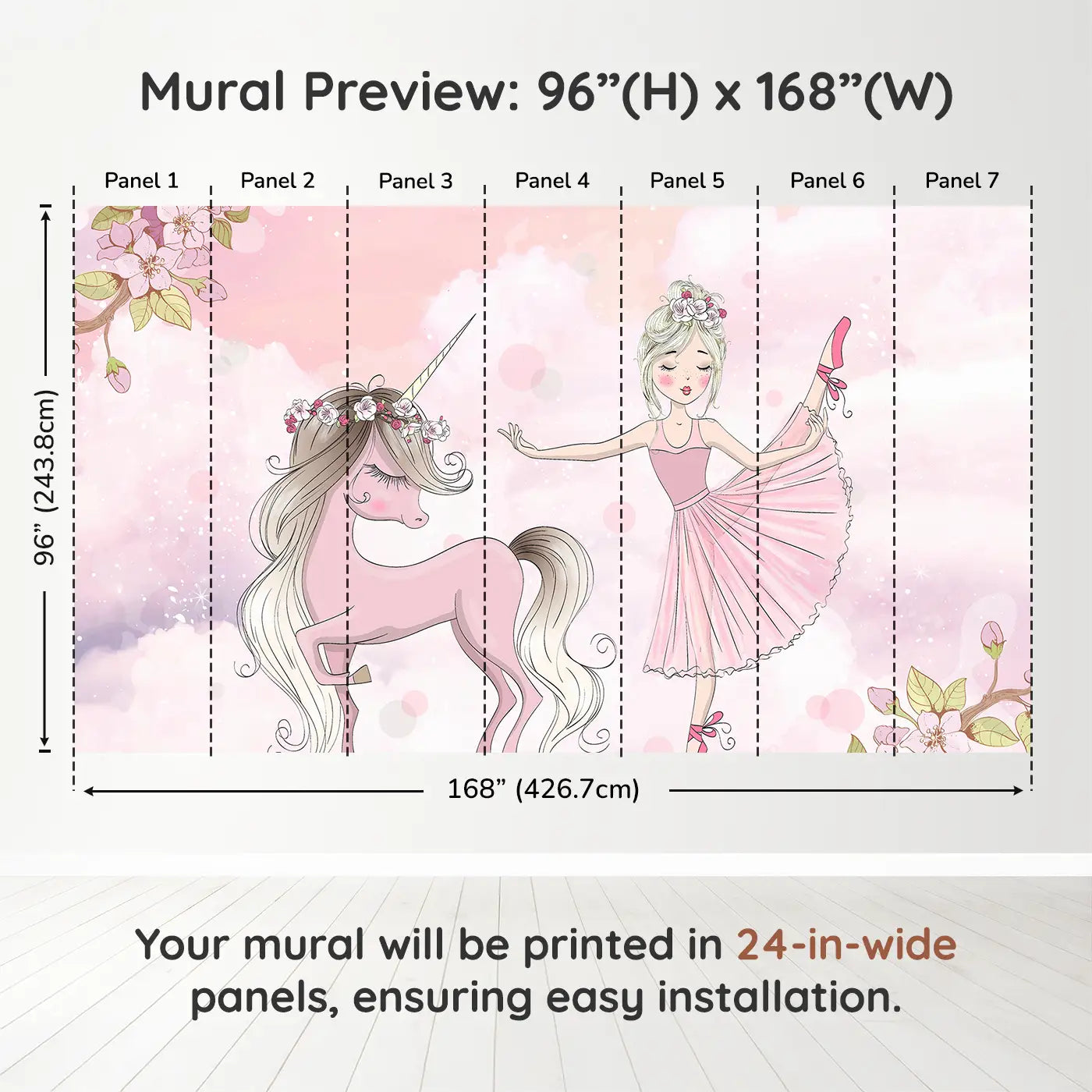 Whimsy Tots Ballerina Unicorn Dream Wall Muraldimension view (96" H x 168" W). Printed in seven 24-inch-wide panels. Twirl into a dreamy world where unicorns and ballerinas dance together.