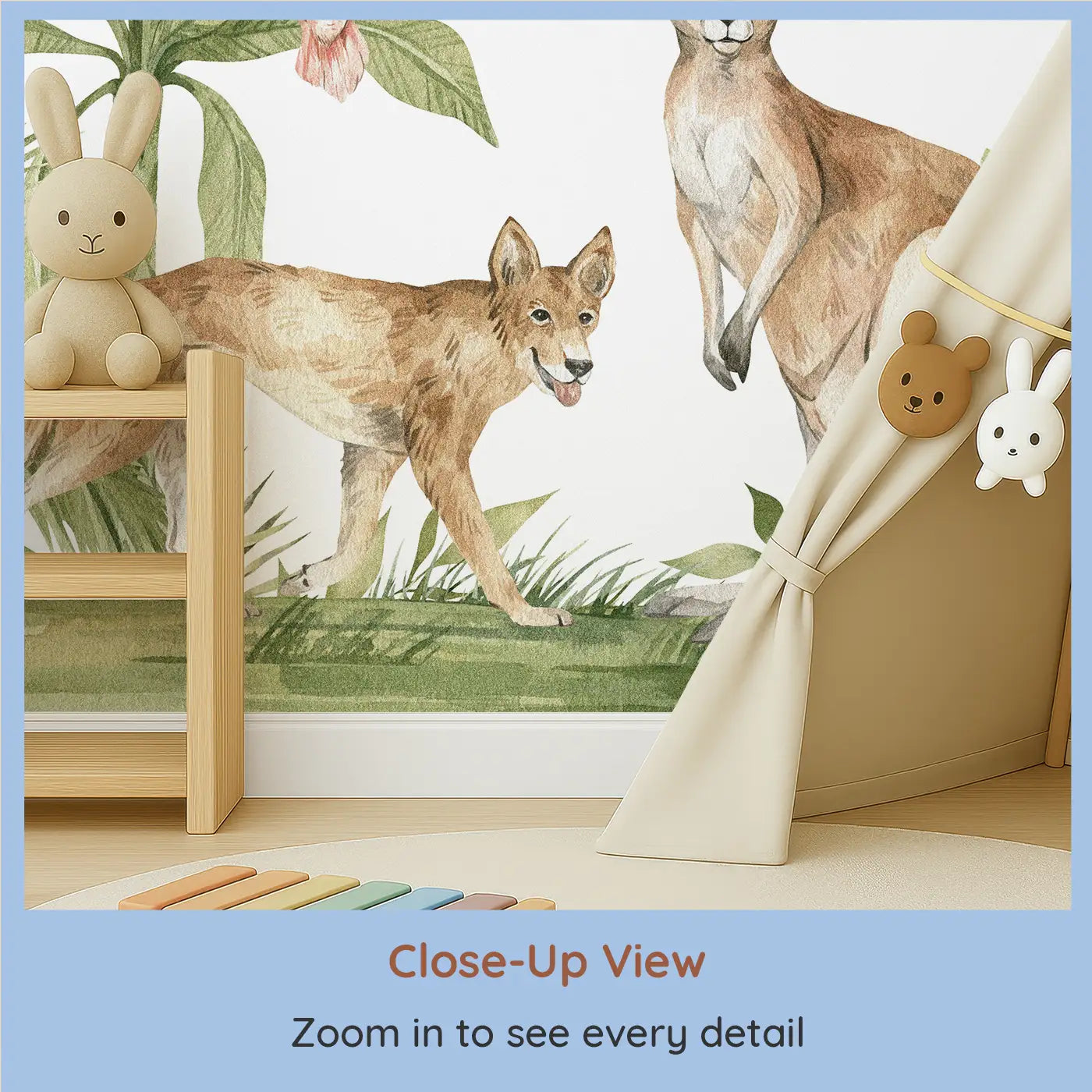 Close-up view of Whimsy Tots' Australian Wildlife Wonderland Wall Mural (M0121).Meet koalas, kangaroos, and cockatoos in a calm forest filled with wonder.