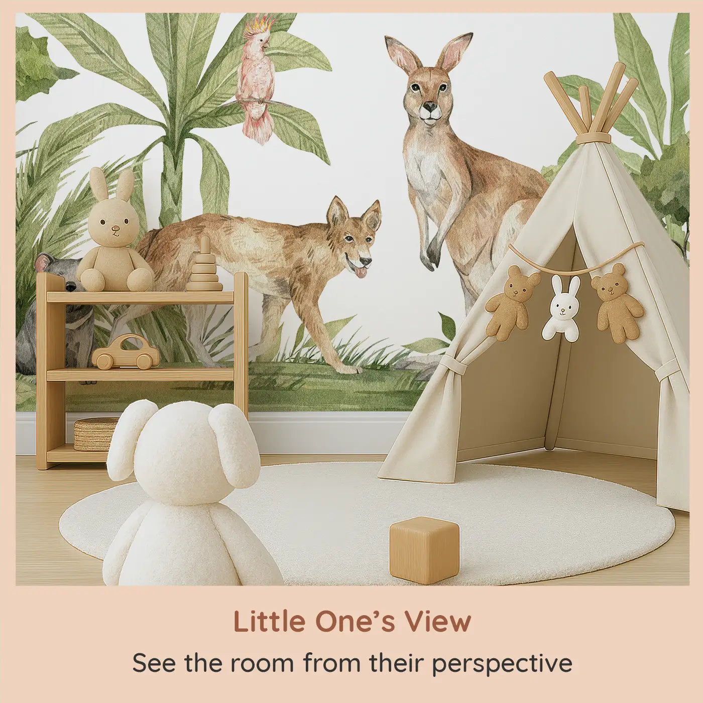 Whimsy Tots Australian Wildlife Wonderland Wall Mural (M0121) from your child's view.Meet koalas, kangaroos, and cockatoos in a calm forest filled with wonder.