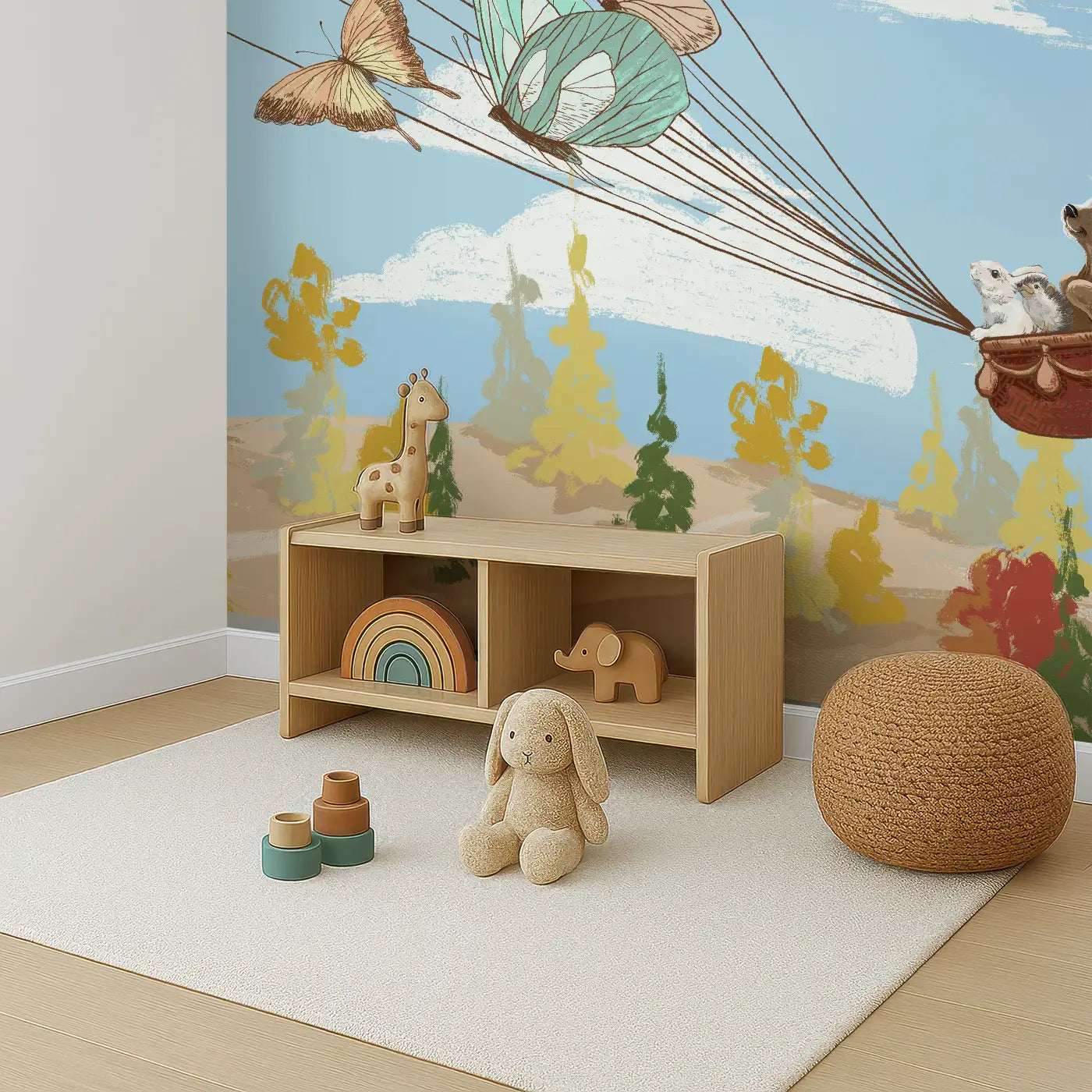 Angled view of Whimsy Tots' Butterfly Voyage Wall Mural (M0126).A basket of forest friends takes flight on butterfly wings.