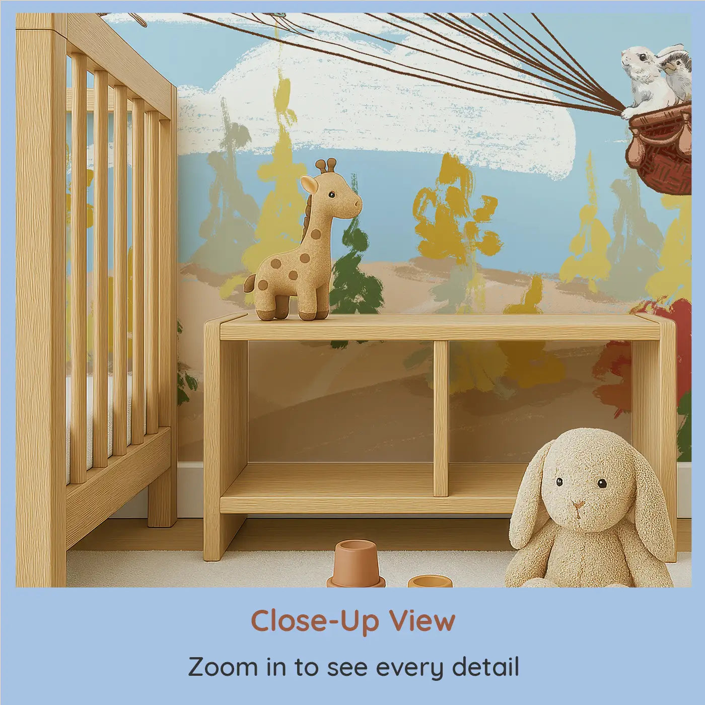 Close-up view of Whimsy Tots' Butterfly Voyage Wall Mural (M0126).A basket of forest friends takes flight on butterfly wings.