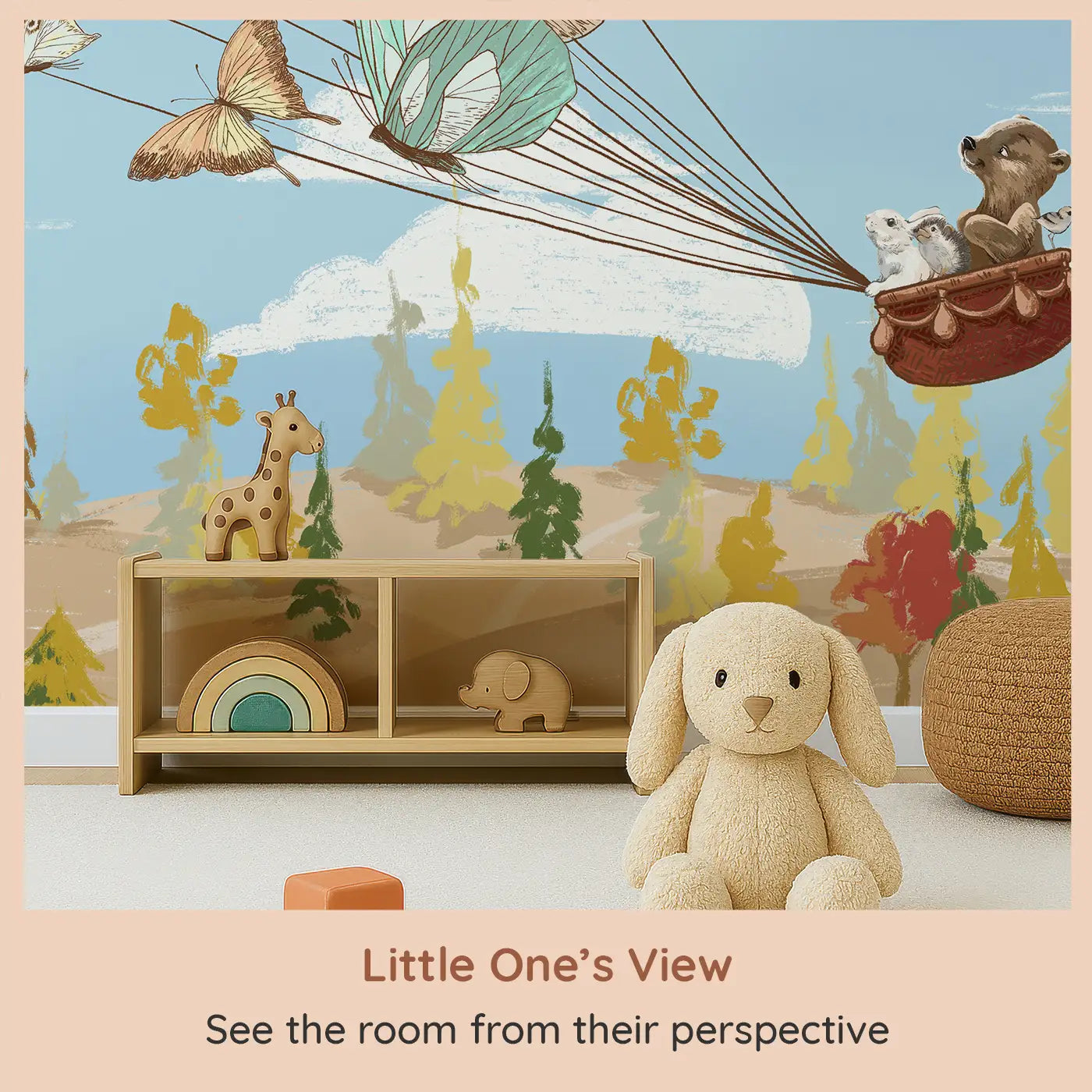 Whimsy Tots Butterfly Voyage Wall Mural (M0126) from your child's view.A basket of forest friends takes flight on butterfly wings.