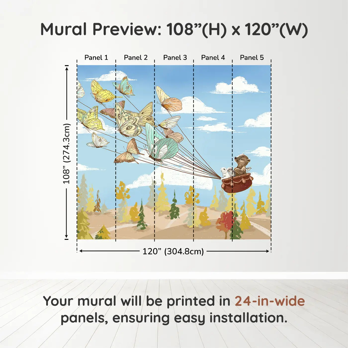 Whimsy Tots Butterfly Voyage Wall Muraldimension view (108" H x 120" W). Printed in five 24-inch-wide panels. A basket of forest friends takes flight on butterfly wings.
