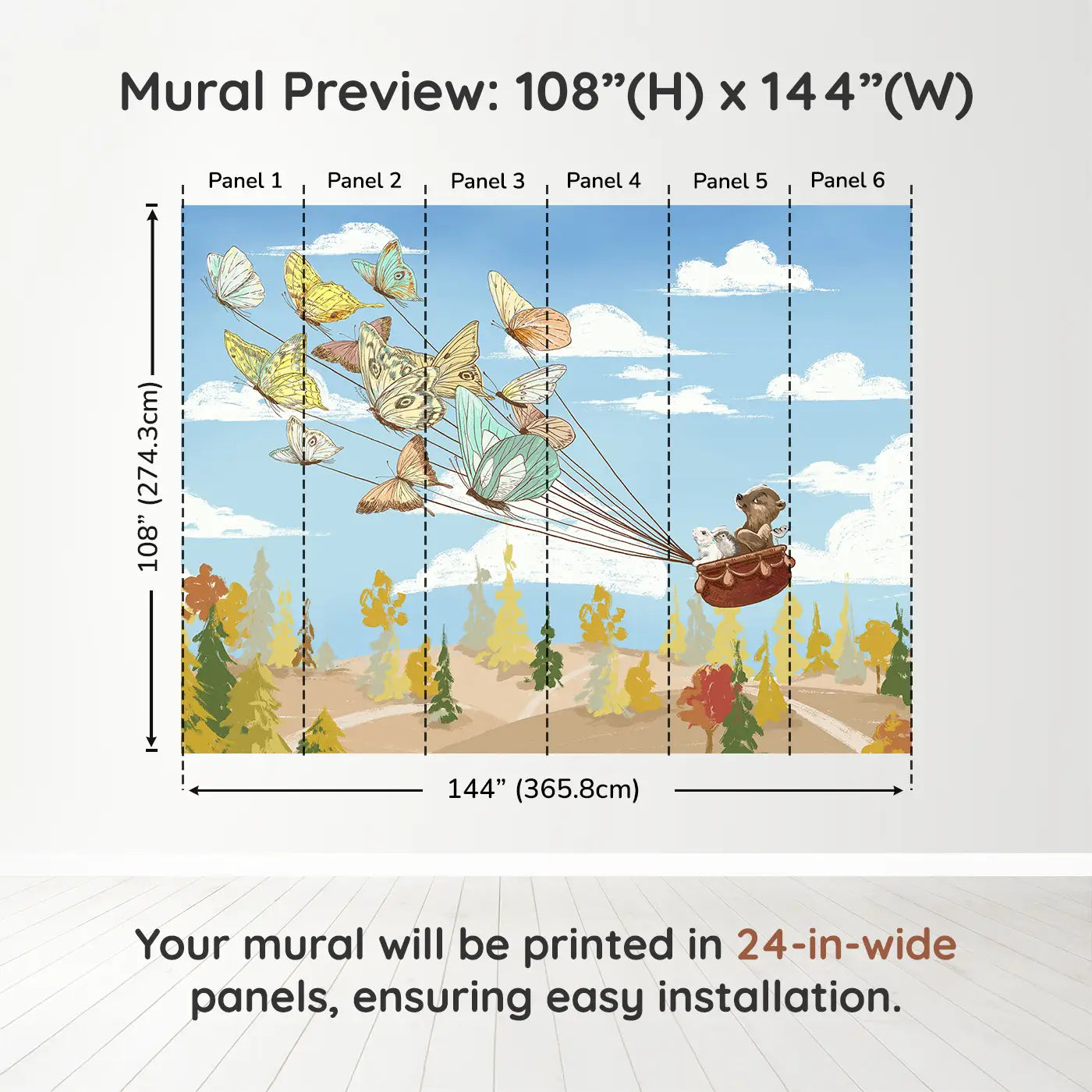 Whimsy Tots Butterfly Voyage Wall Muraldimension view (108" H x 144" W). Printed in six 24-inch-wide panels. A basket of forest friends takes flight on butterfly wings.