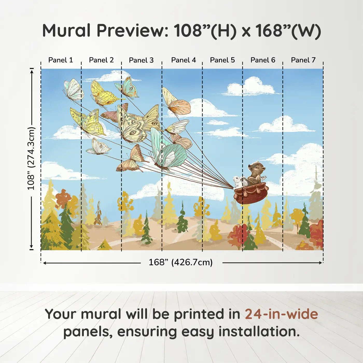 Whimsy Tots Butterfly Voyage Wall Muraldimension view (108" H x 168" W). Printed in seven 24-inch-wide panels. A basket of forest friends takes flight on butterfly wings.