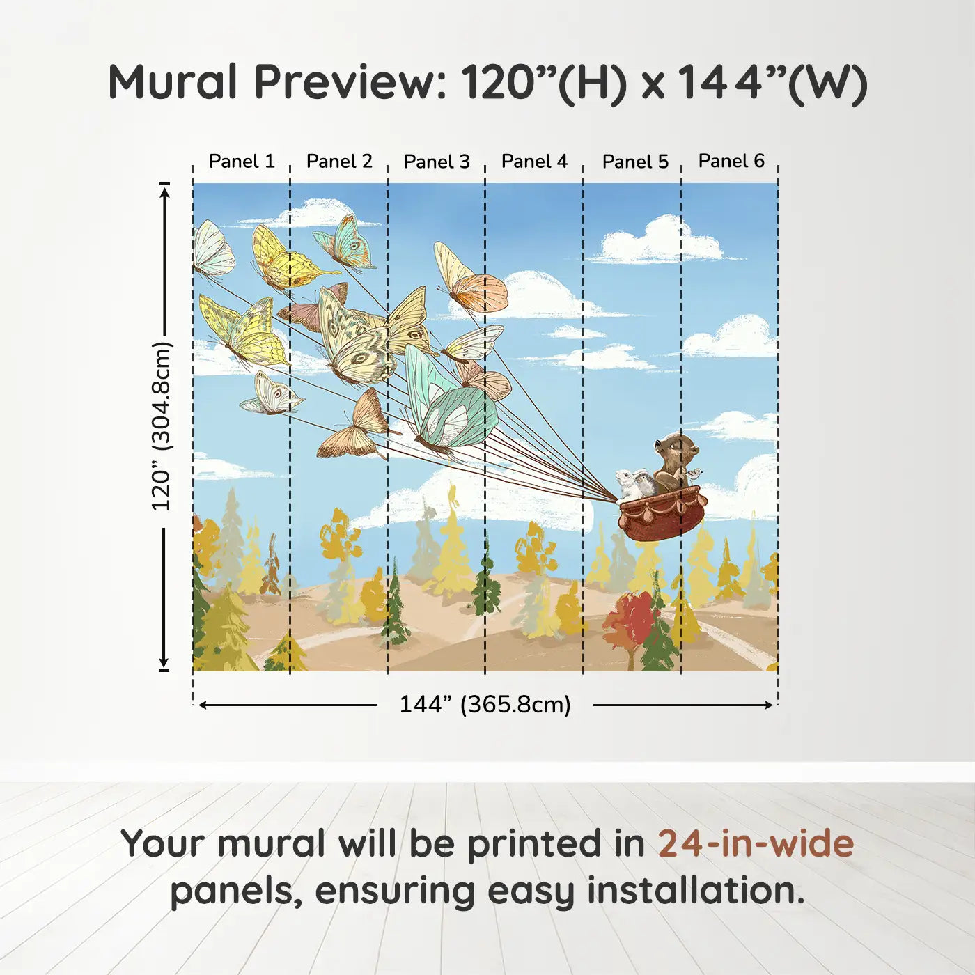 Whimsy Tots Butterfly Voyage Wall Muraldimension view (120" H x 144" W). Printed in six 24-inch-wide panels. A basket of forest friends takes flight on butterfly wings.