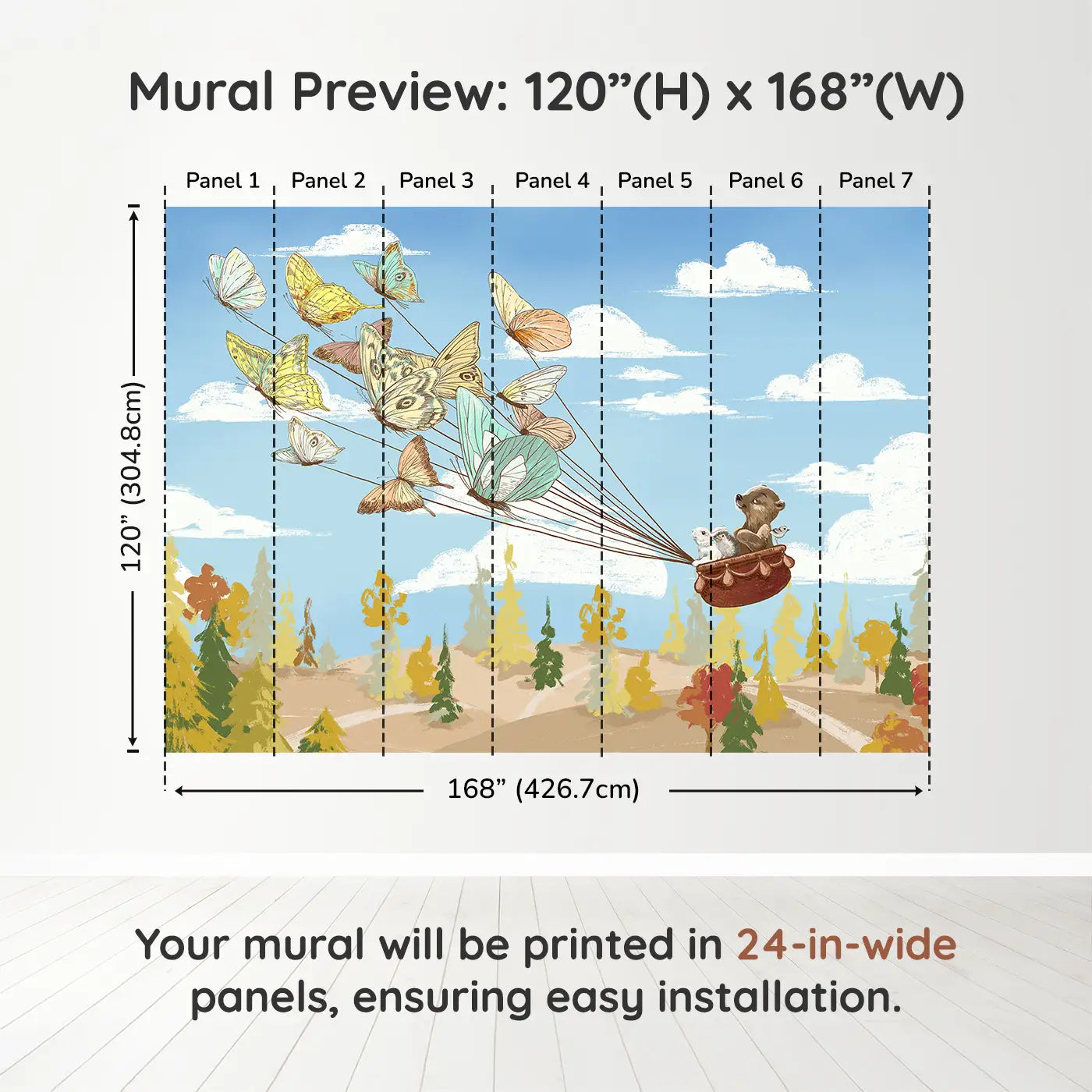Whimsy Tots Butterfly Voyage Wall Muraldimension view (120" H x 168" W). Printed in seven 24-inch-wide panels. A basket of forest friends takes flight on butterfly wings.