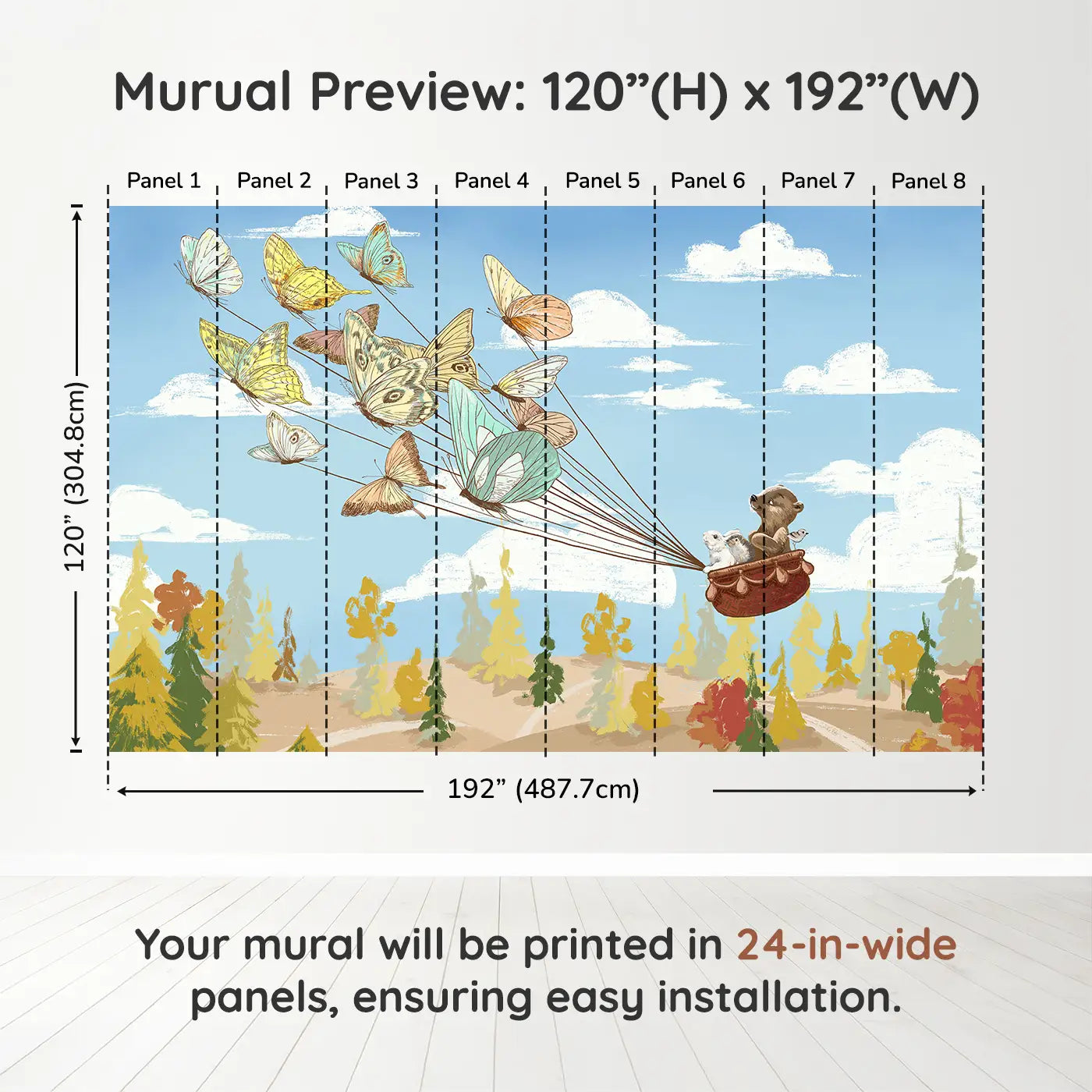 Whimsy Tots Butterfly Voyage Wall Muraldimension view (120" H x 192" W). Printed in eight 24-inch-wide panels. A basket of forest friends takes flight on butterfly wings.
