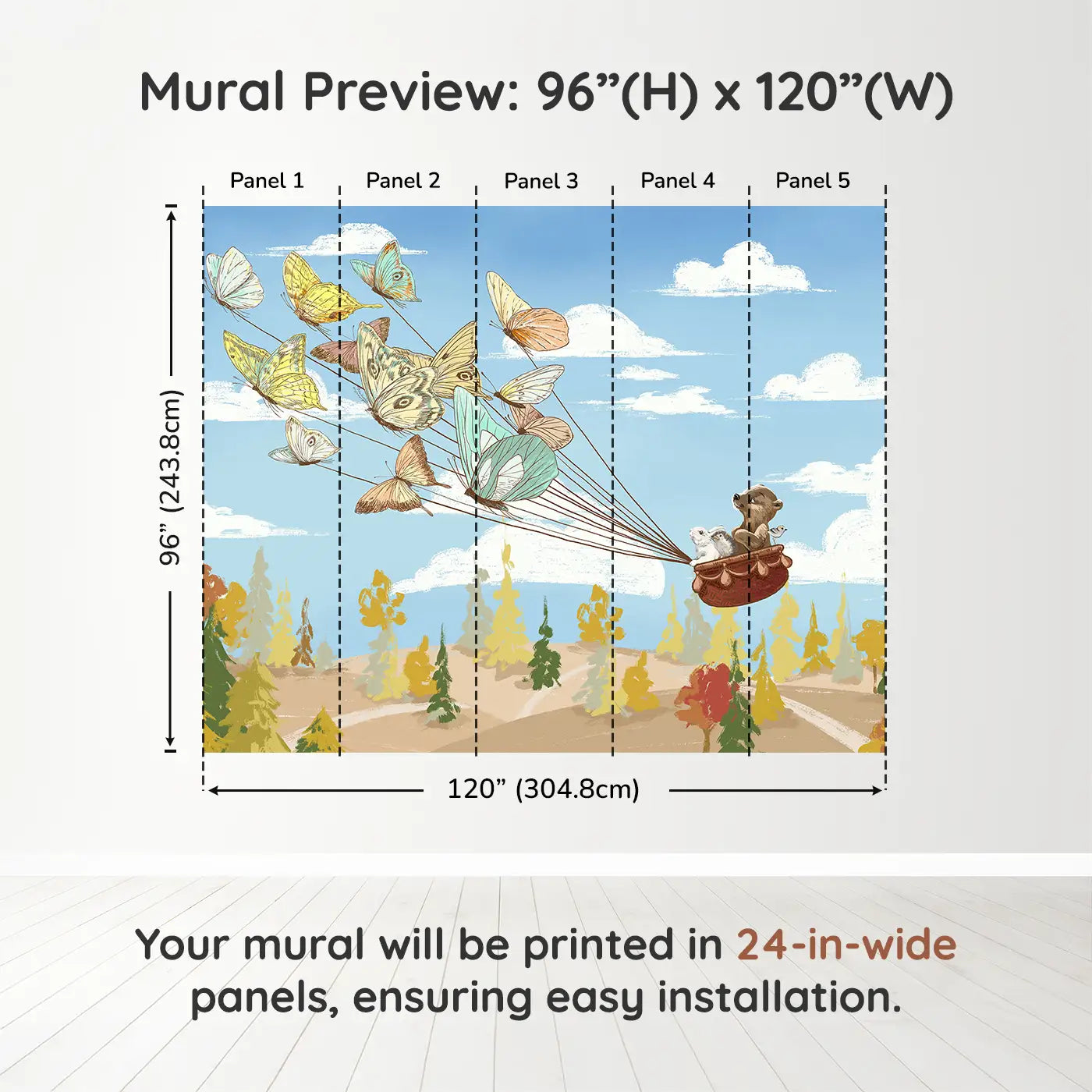 Whimsy Tots Butterfly Voyage Wall Muraldimension view (96" H x 120" W). Printed in five 24-inch-wide panels. A basket of forest friends takes flight on butterfly wings.
