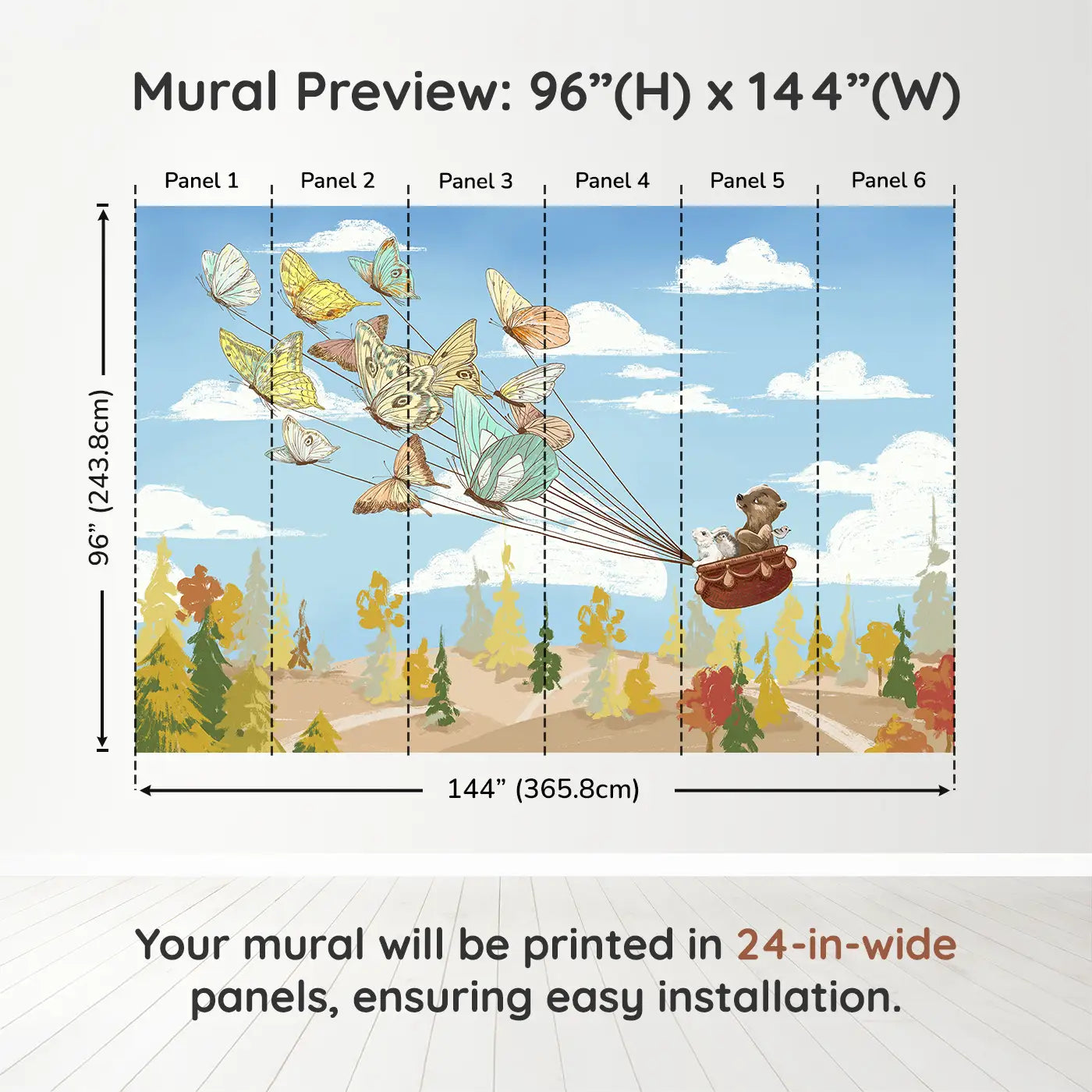 Whimsy Tots Butterfly Voyage Wall Muraldimension view (96" H x 144" W). Printed in six 24-inch-wide panels. A basket of forest friends takes flight on butterfly wings.