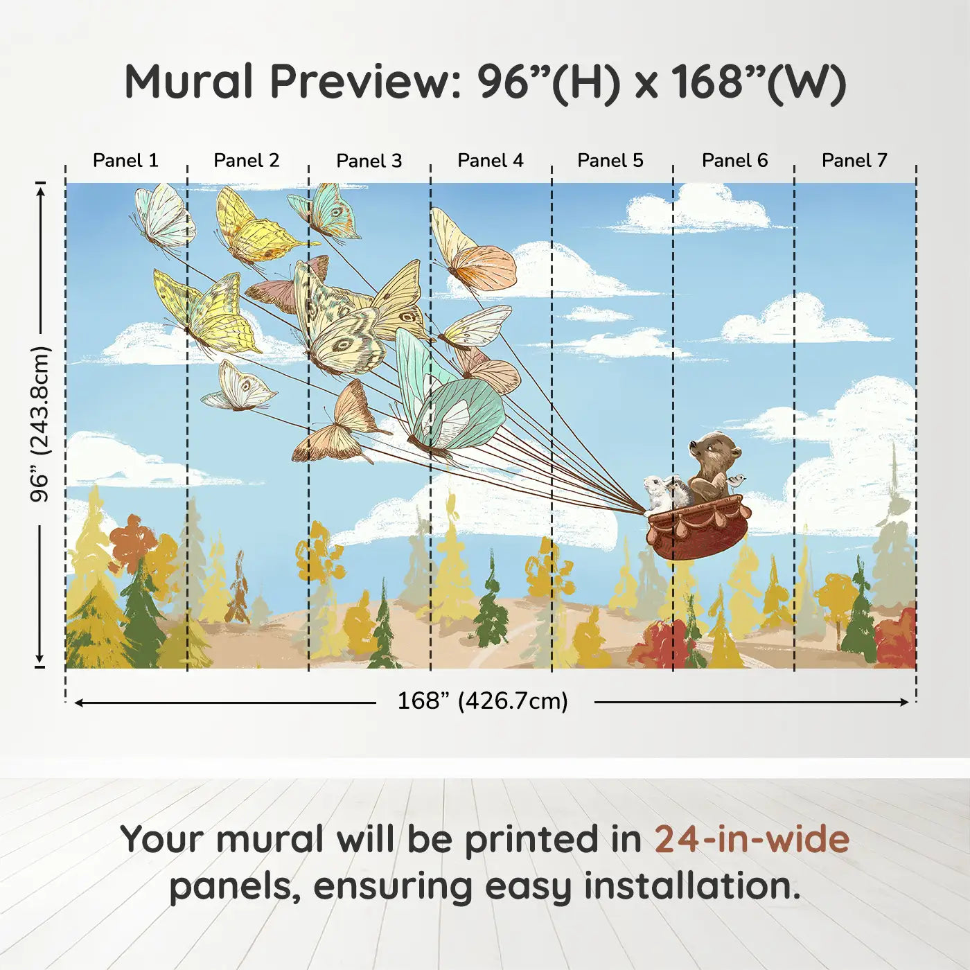Whimsy Tots Butterfly Voyage Wall Muraldimension view (96" H x 168" W). Printed in seven 24-inch-wide panels. A basket of forest friends takes flight on butterfly wings.