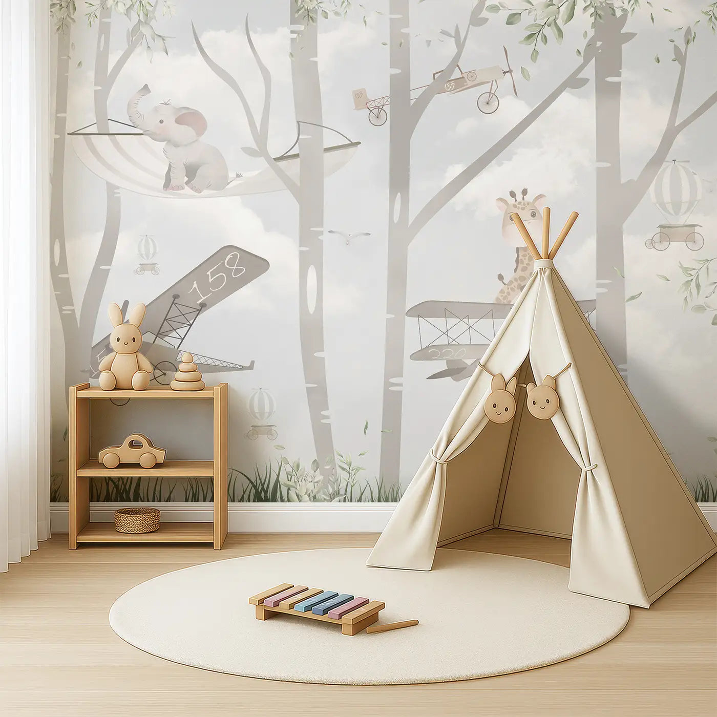 Angled view of Whimsy Tots' Whimsical Woodland Flight Wall Mural (M0135).Sweet animals glide through treetops in vintage planes and hammocks.